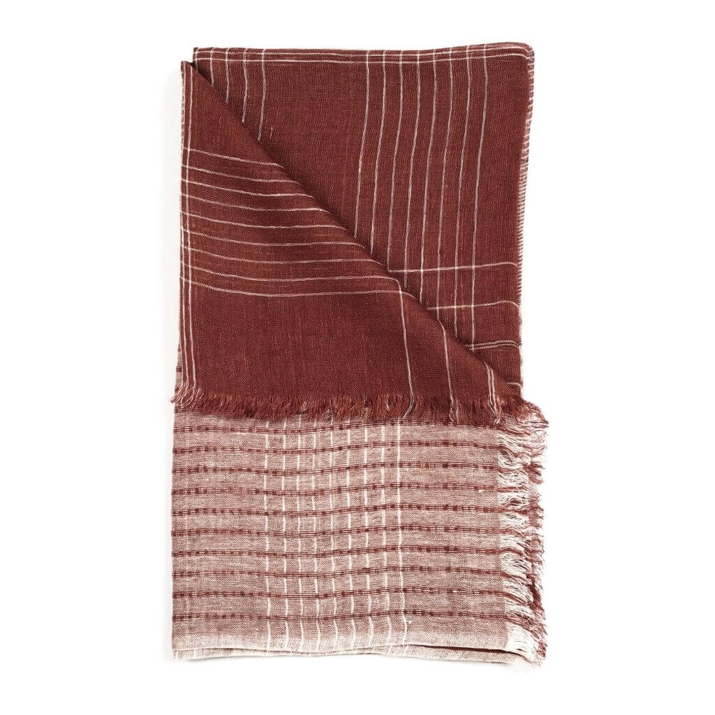 Auro Cinnabar Handwoven Earthy Rust Maroon Linen Scarf featuring a unique pattern in earthy rust and maroon tones.