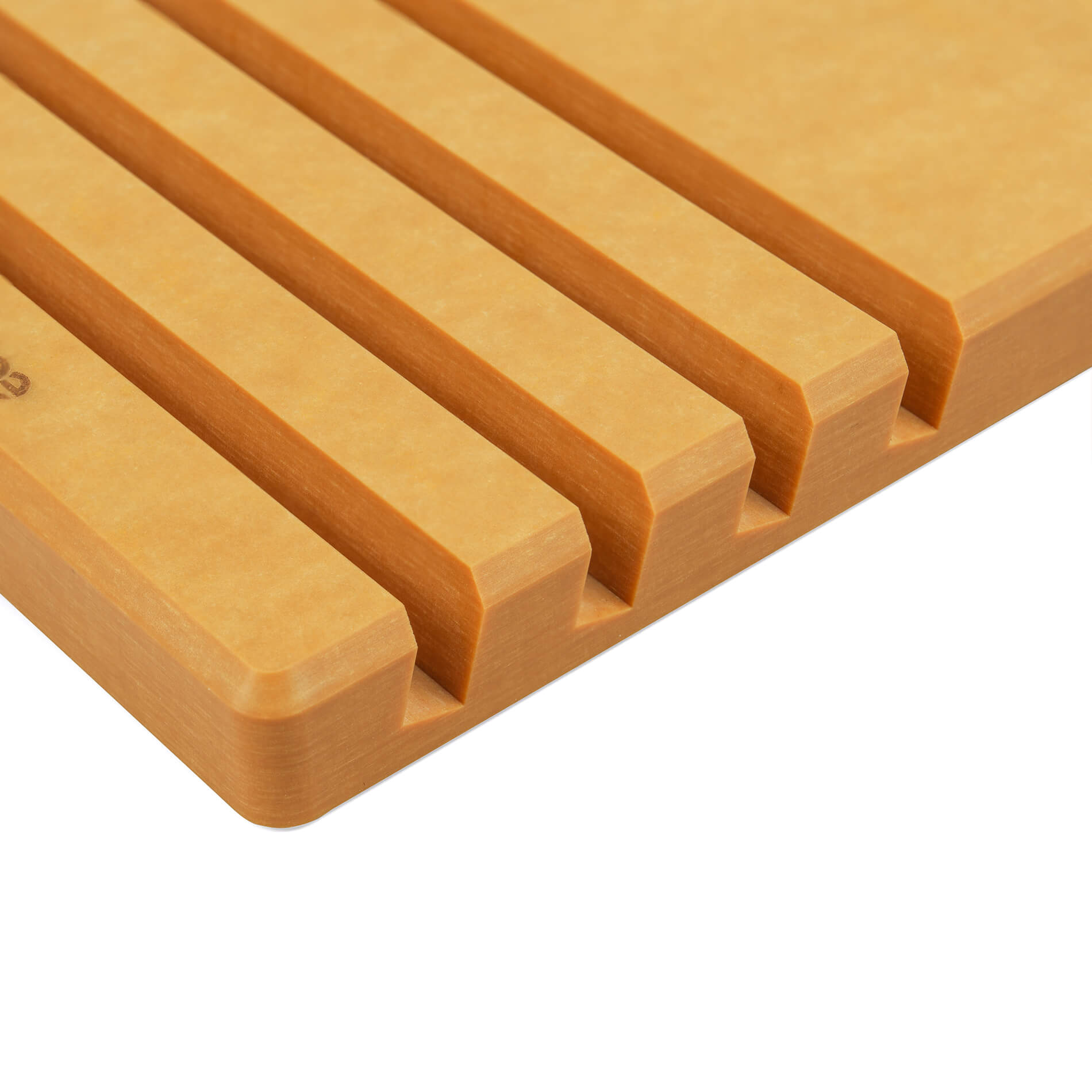 Elihome wood fiber cutting board organizer rack holding 4 different size cutting boards with colorful silicone corners