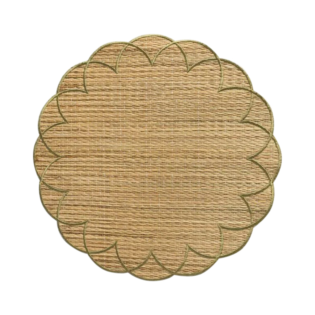 Bali straw placemat with colorful woven accents in green by Talah Home — bohemian natural fiber table decor