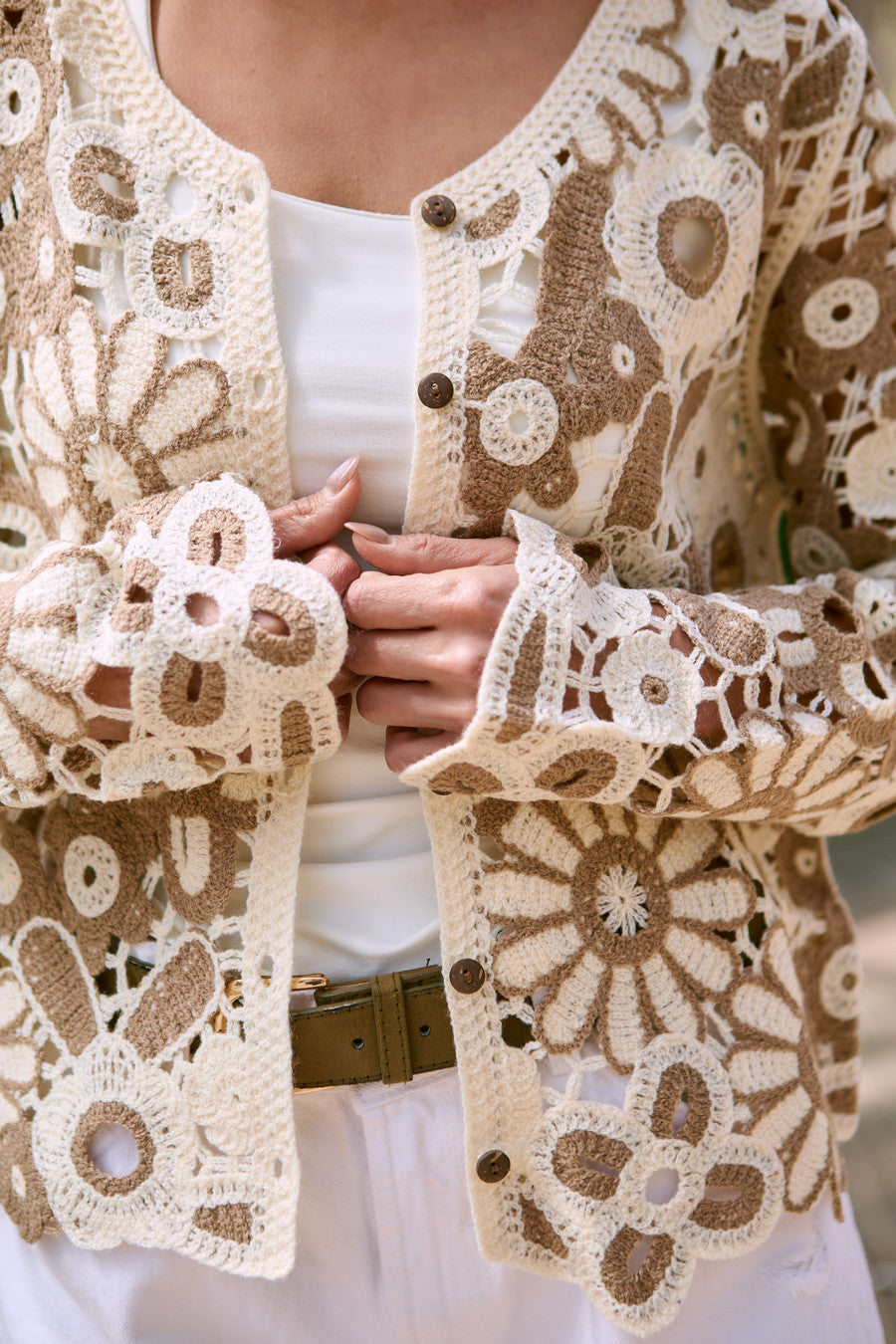Flower Lace Crochet Jacket - Brown