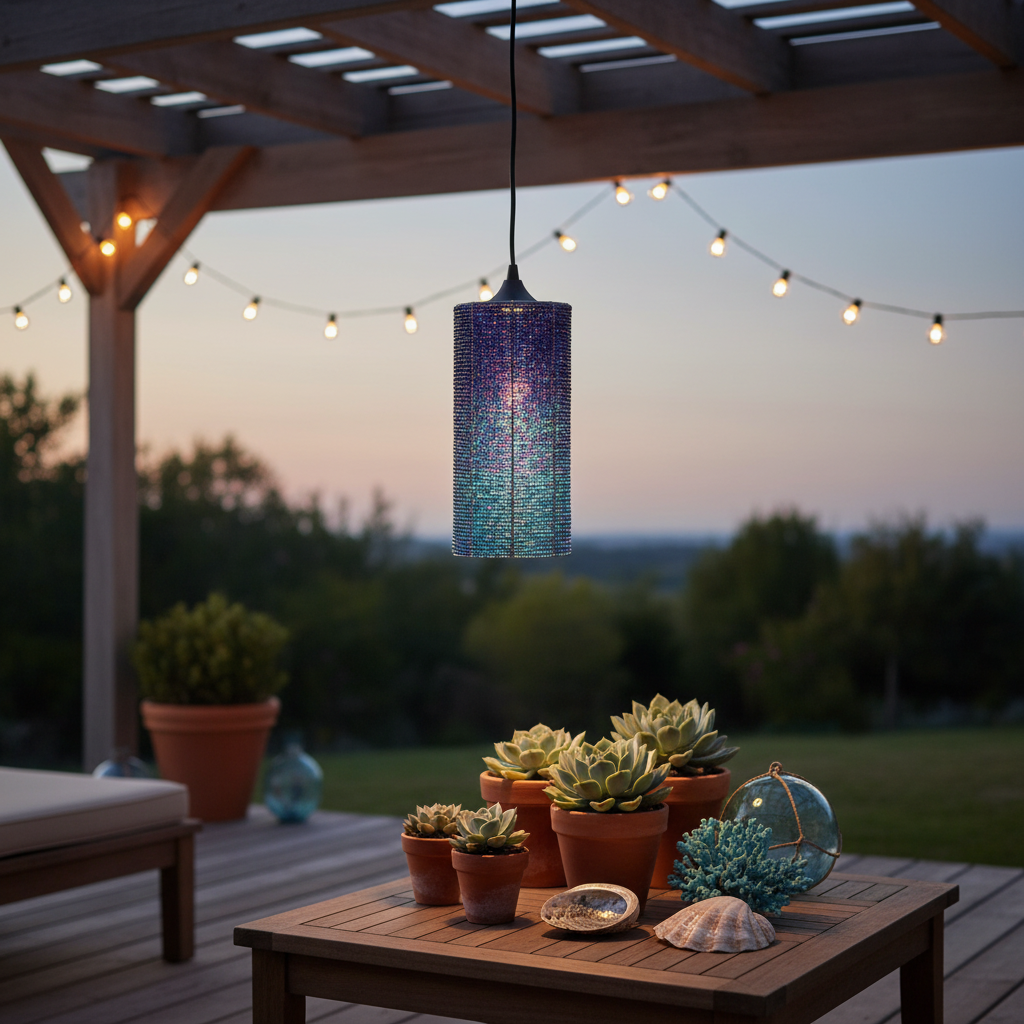 Pendant Deep Blue Sea beaded pendant light on an outdoor patio at dusk