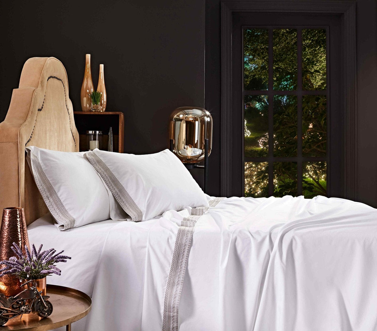 CSS-501-7284_3|Luxurious white 100% cotton sheets with a sophisticated woven grey trim, providing soft and breathable comfort.
