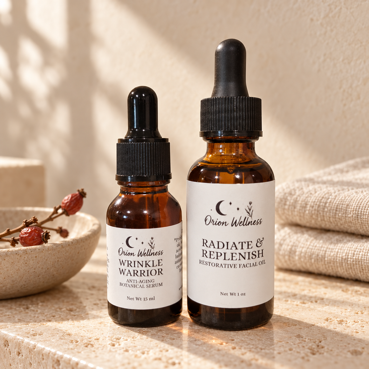 Facial Oil Duo in a warm botanical lifestyle setting