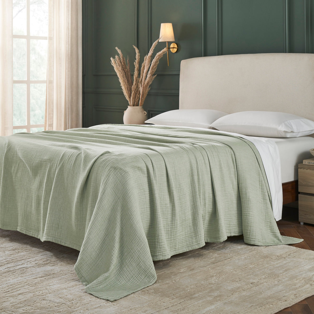 BL-864-9496_2|Luxurious bedroom with a light green textured blanket elegantly spread over the bed, providing warmth and refined comfort.