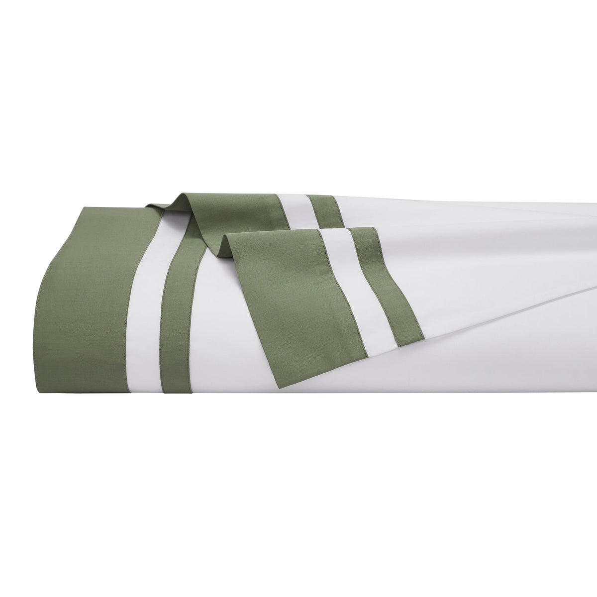 QFL-542-6080_5|Premium 100% cotton sheets, white with elegant wide olive green striped border. Soft, breathable, luxurious hotel bedding comfort.