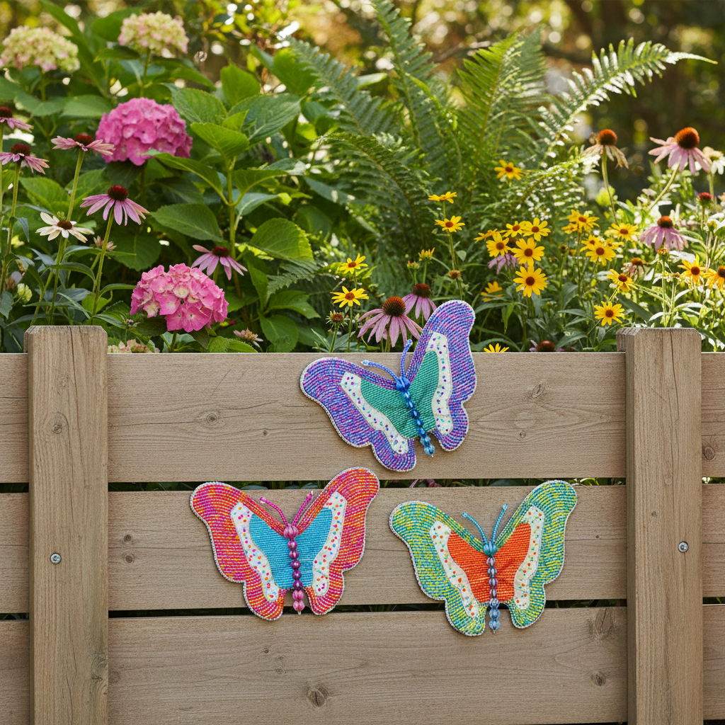 Hand-beaded butterfly sculptures on a garden fence surrounded by lush greenery