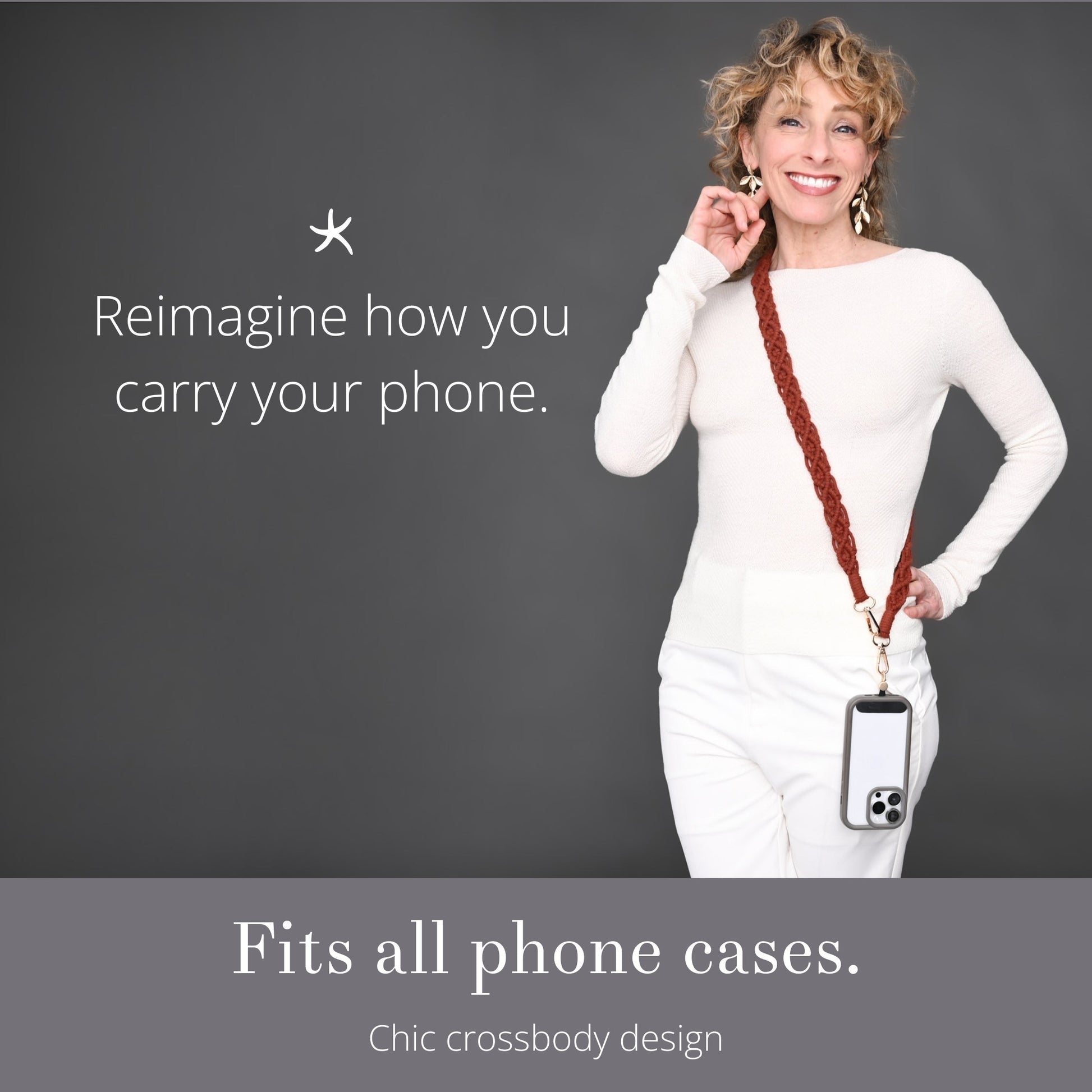 Model showing how to use hand woven phone strap, phone crossbody strap, beautiful phone accessory, women's artisan jewelry business