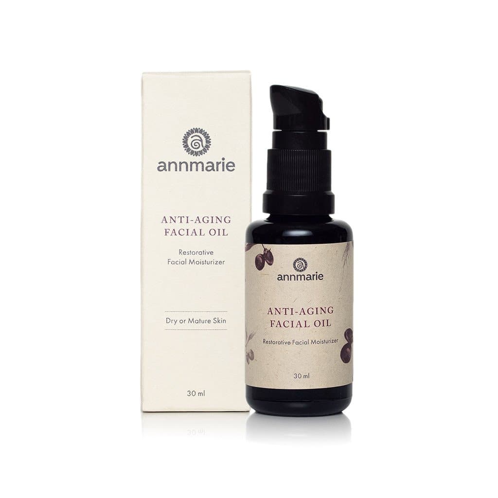 Anti-Aging Facial Oil restorative facial moisturizer bottle with product box for dry or mature skin.