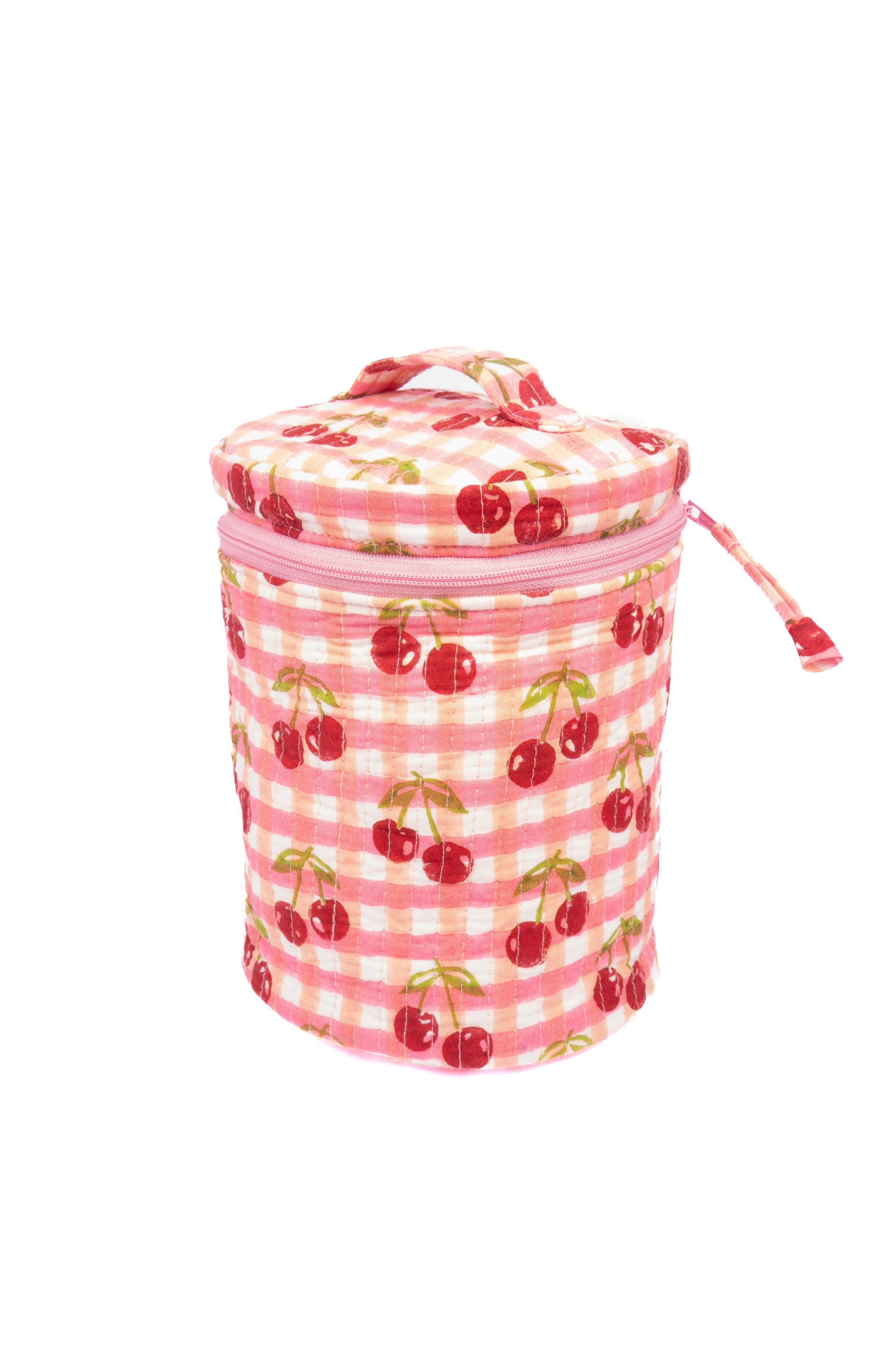 Round cherry gingham blockprint upright makeup bag with zipper