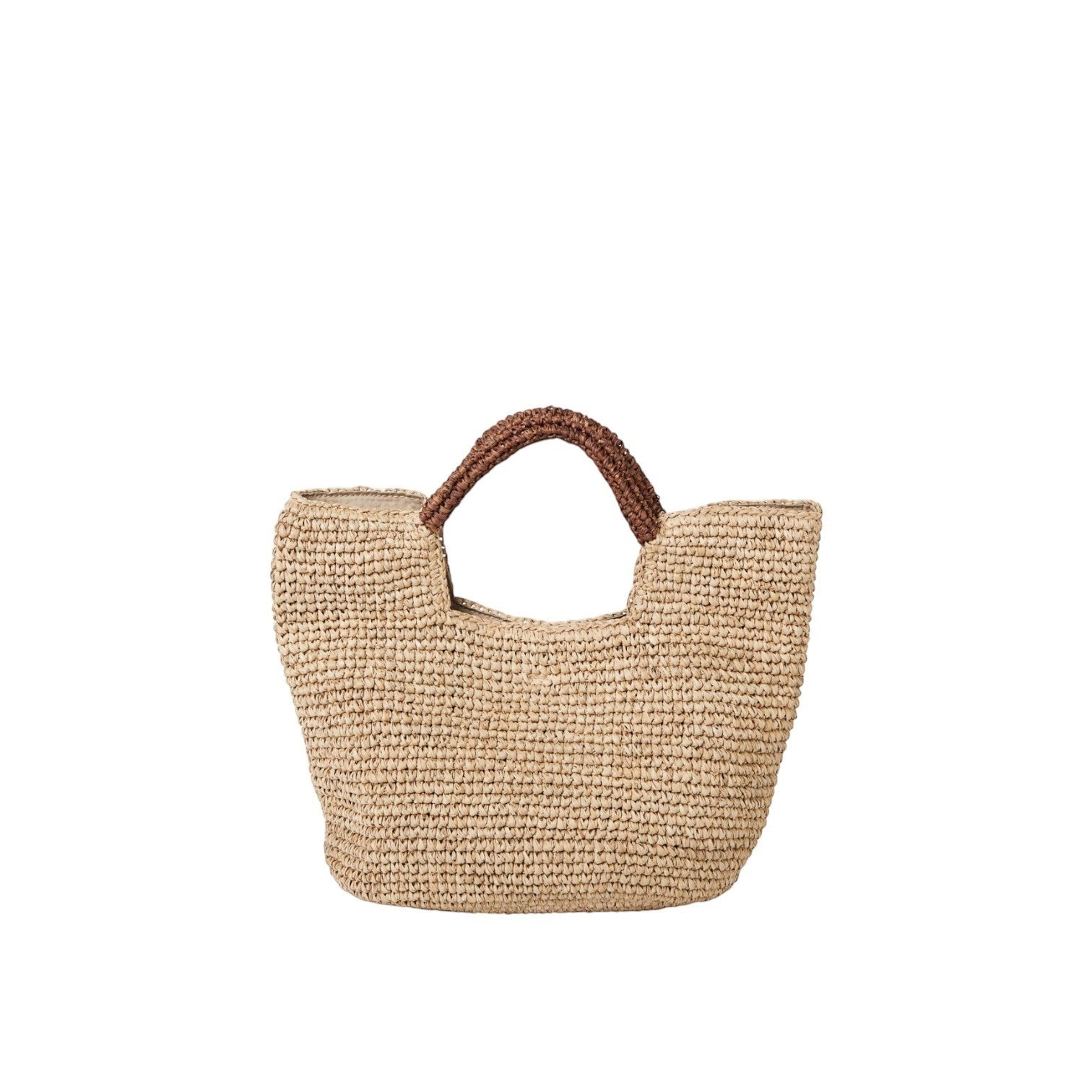 Shop Sarah Stewart The Opal natural raffia tote bag with brown handles and cotton lining. Features interior pocket and snap closure.