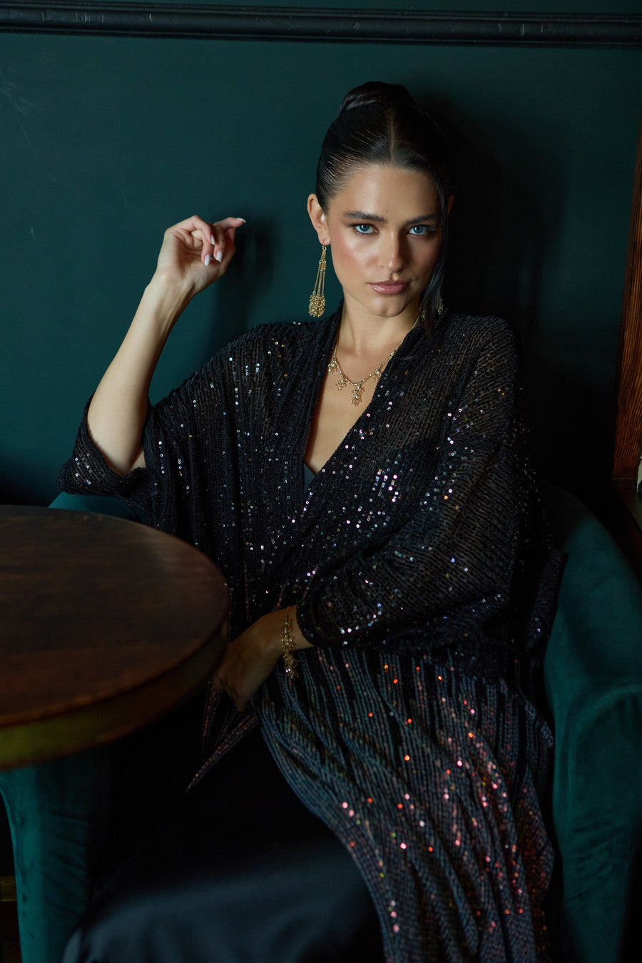 Sequin Kimono Duster Formal - Black