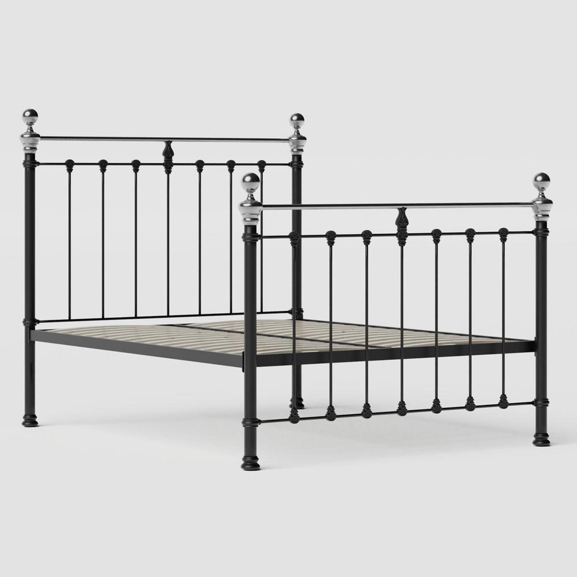 MB-211-6080_3|Classic black metal bed frame with chrome finials and ornate details, featuring a sturdy slatted base. Elegant bedroom furniture.
