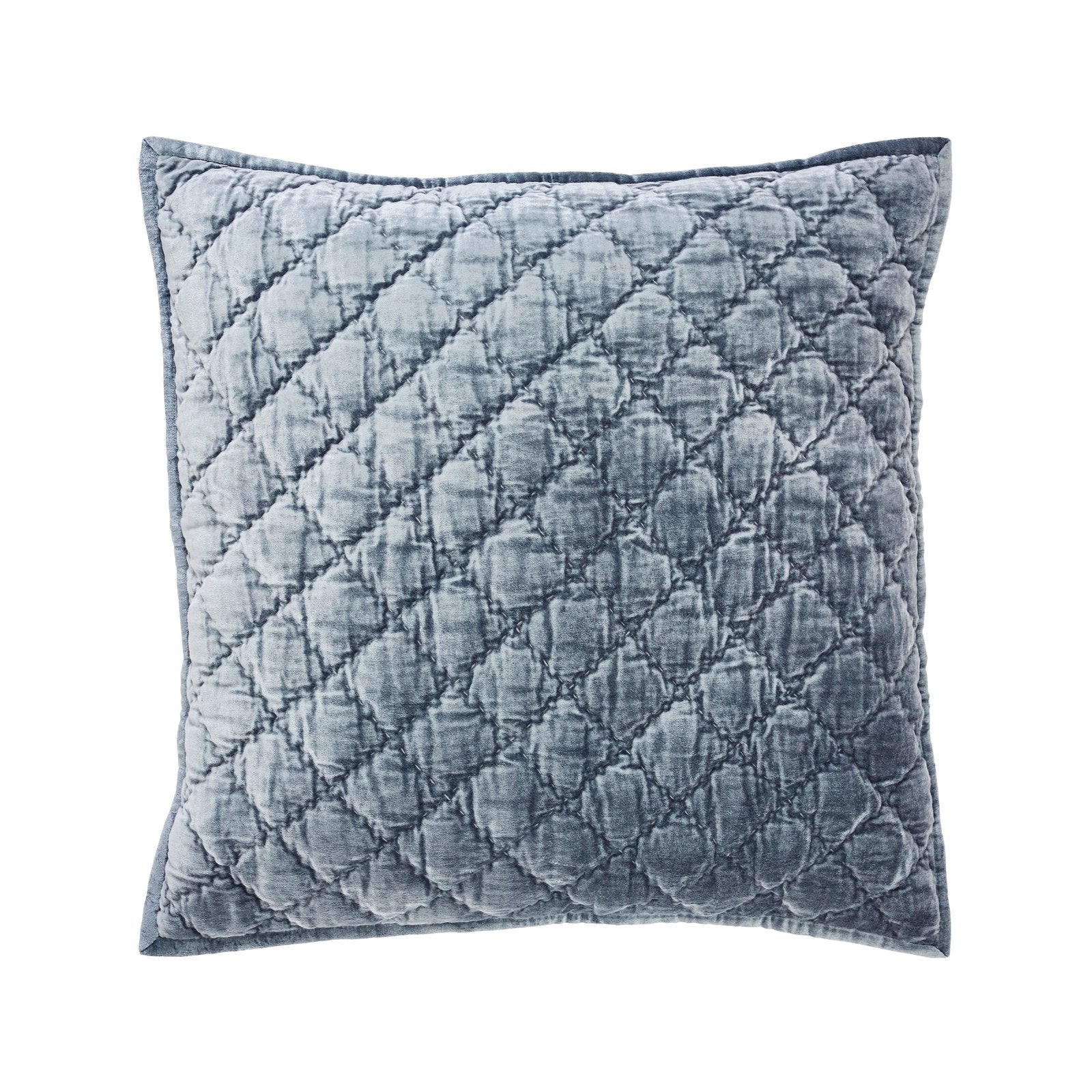 SS-343-X_1|Elegant square throw pillow in quilted dusty blue velvet, offering sophisticated texture and rich color for decor.
