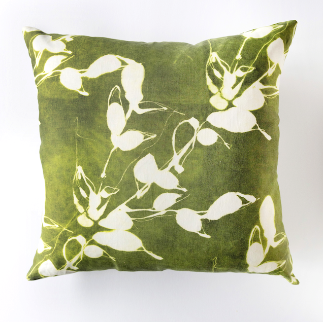Porto Print Olive linen throw pillow 20x20 with hand-painted cascading floral pattern in earthy olive - Goldie Home