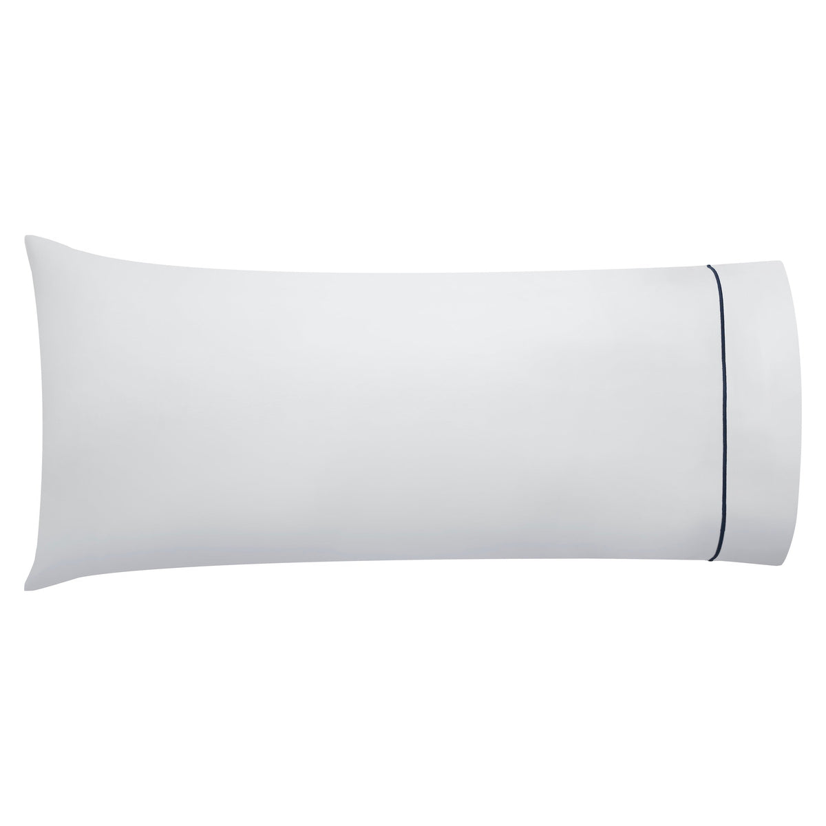 ASP-549-2032_1|Two stacked white 100% cotton pillowcases. Each pillowcase features a single navy blue piped decorative border.