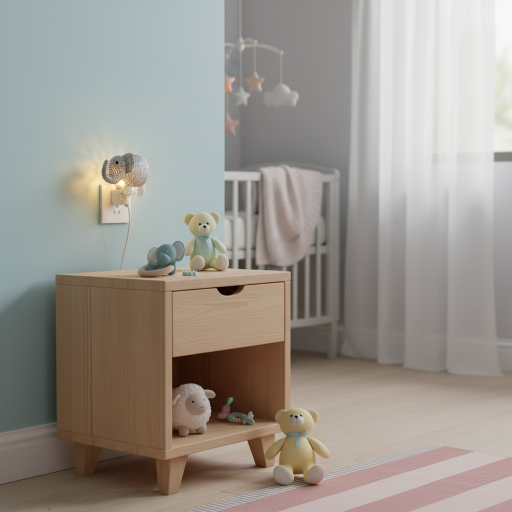 Beaded elephant night light glowing on nursery nightstand