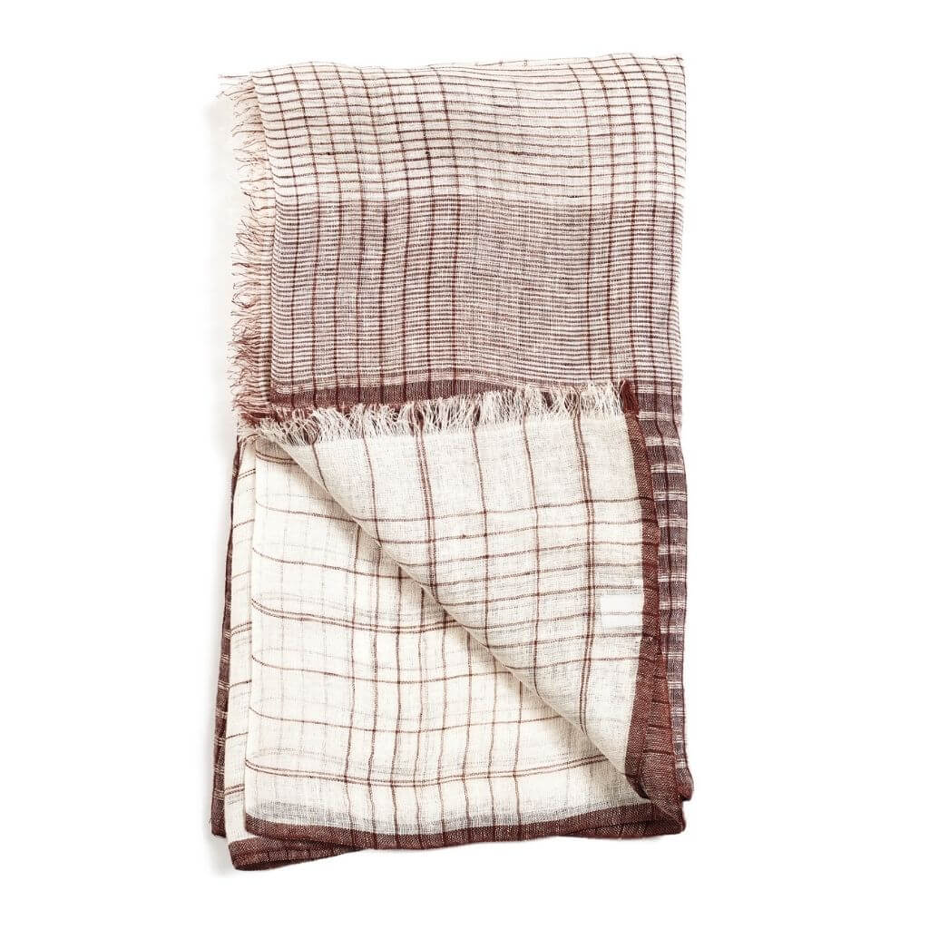 Auro Cinnabar Handwoven Earthy Rust Maroon Linen Scarf showcasing unique handwoven texture with earthy rust and maroon hues.