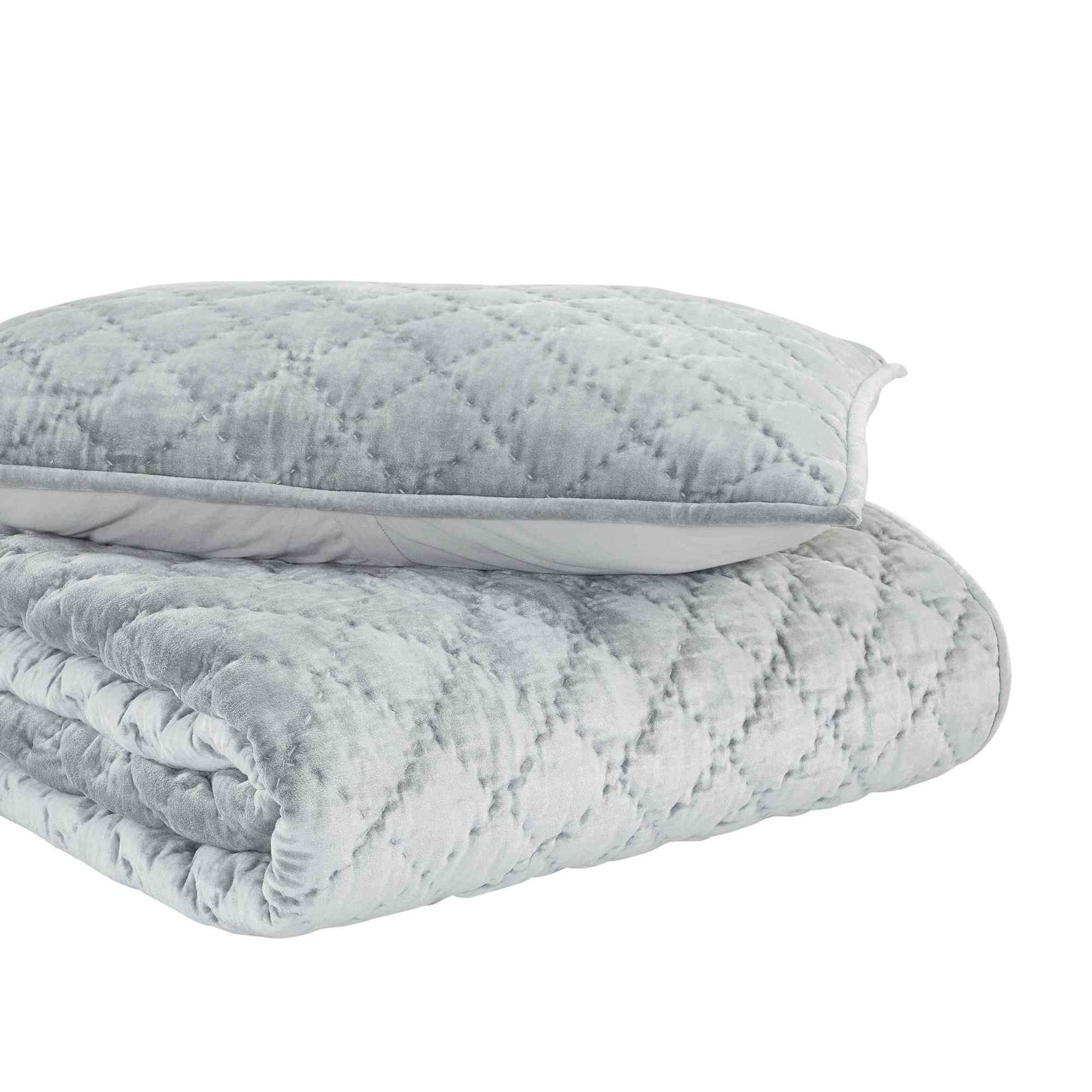 QT-356-9496_5|Folded light grey blue quilt and matching pillow with diamond quilting. Soft, comfortable bedding set for modern style.