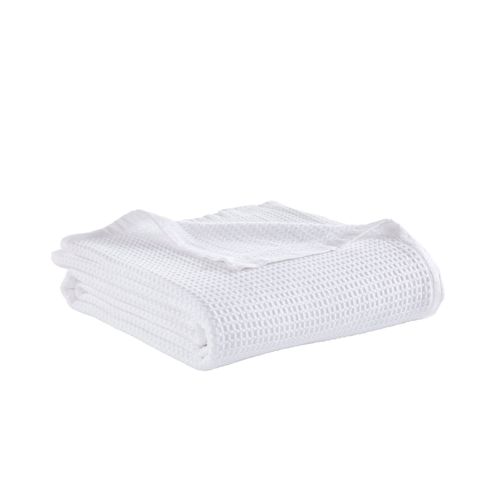 BL-855-X_2|Neatly folded crisp white waffle weave blanket, ready to provide lightweight warmth and stylish texture to any living space.
