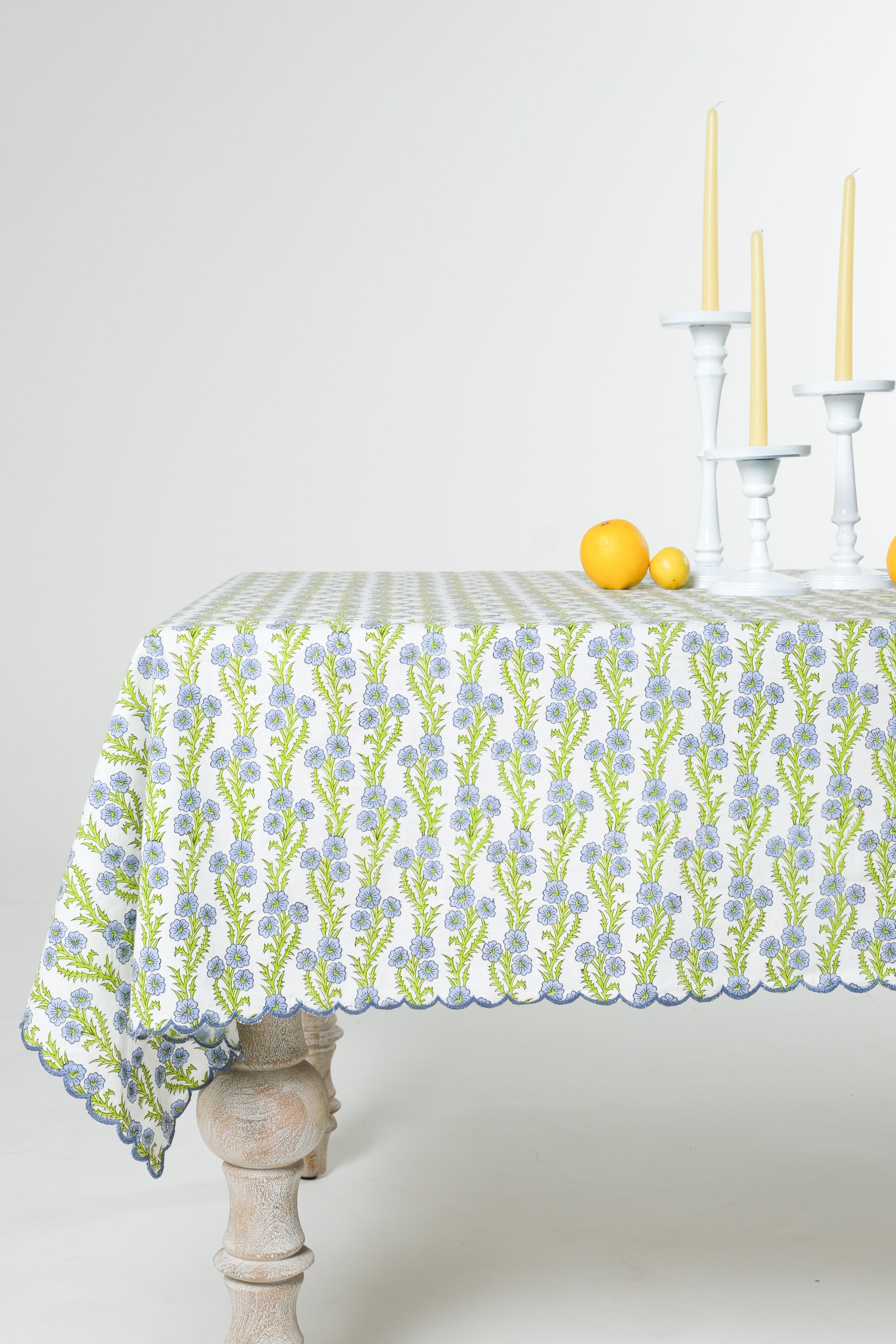 Forget-Me-Not scallop embroidered blockprint tablecloth with cheerful citrus decor