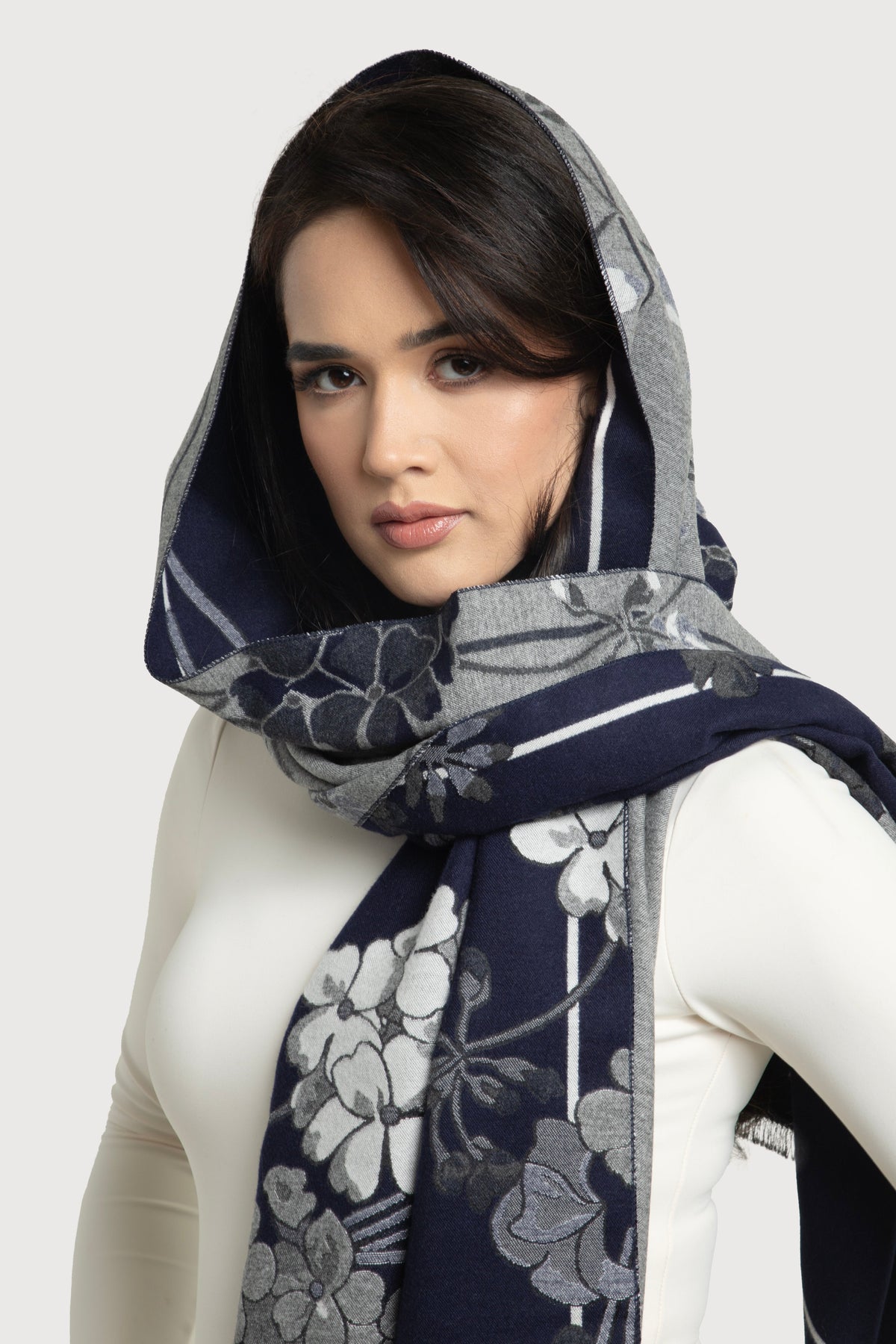 Two Color Floral Reversible Scarf - Navy
