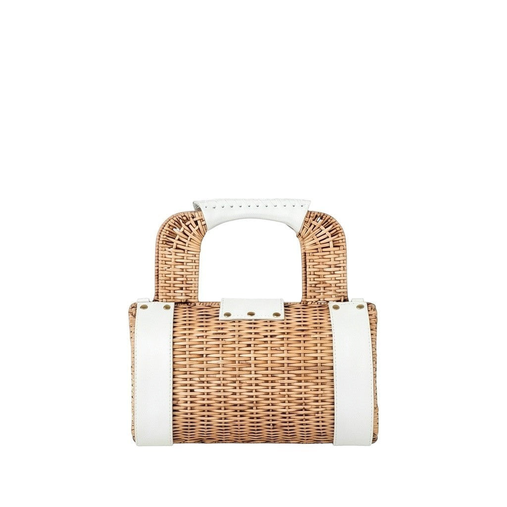 Shop Sarah Stewart Jordan Handbag: Natural wicker barrel bag with red lambskin accents and handle. Textured, sophisticated design.