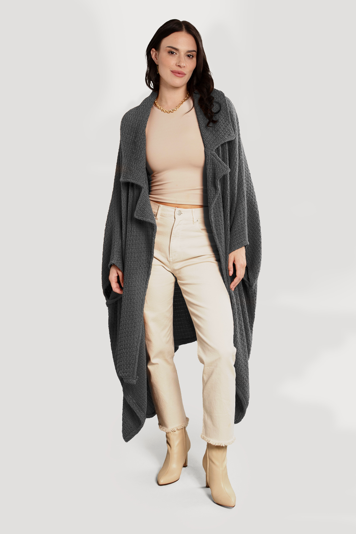 Comfy Oversized Waffle Knit Collared Jacket - Dark Gray