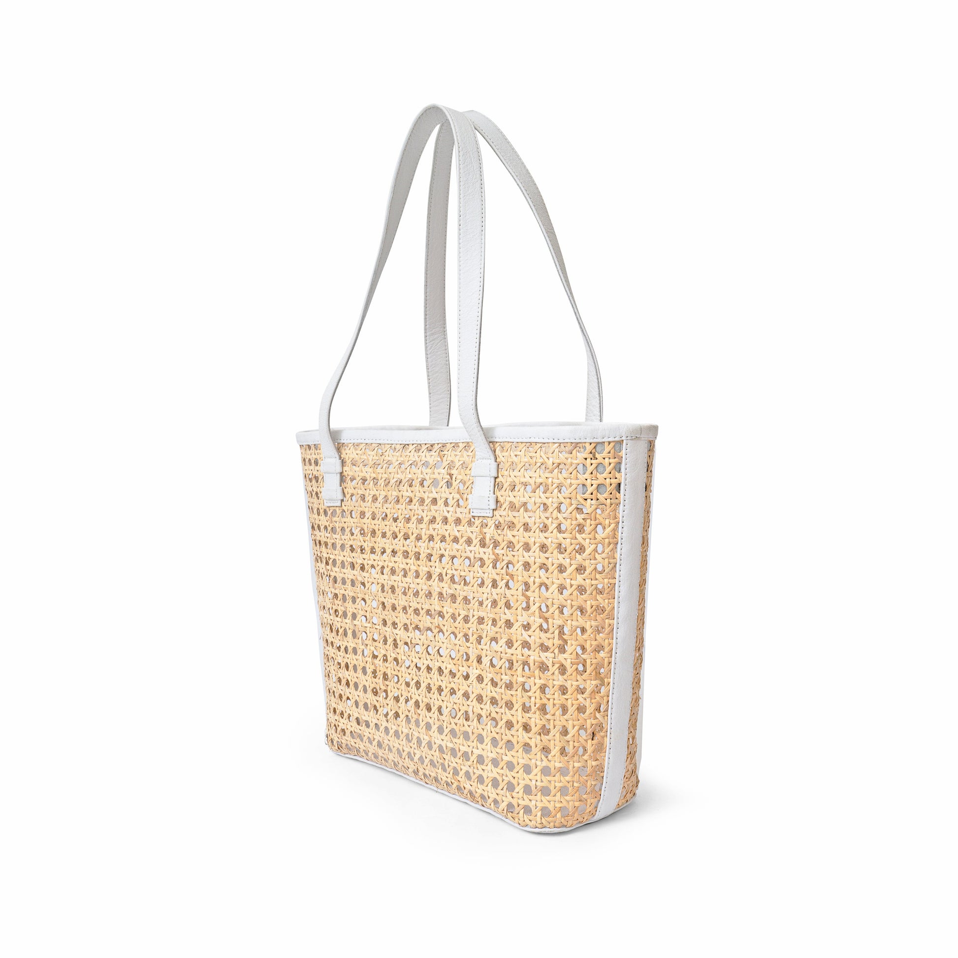 side view rattan cane white leather trim open weave tote shoulder basket everyday market tote bag
