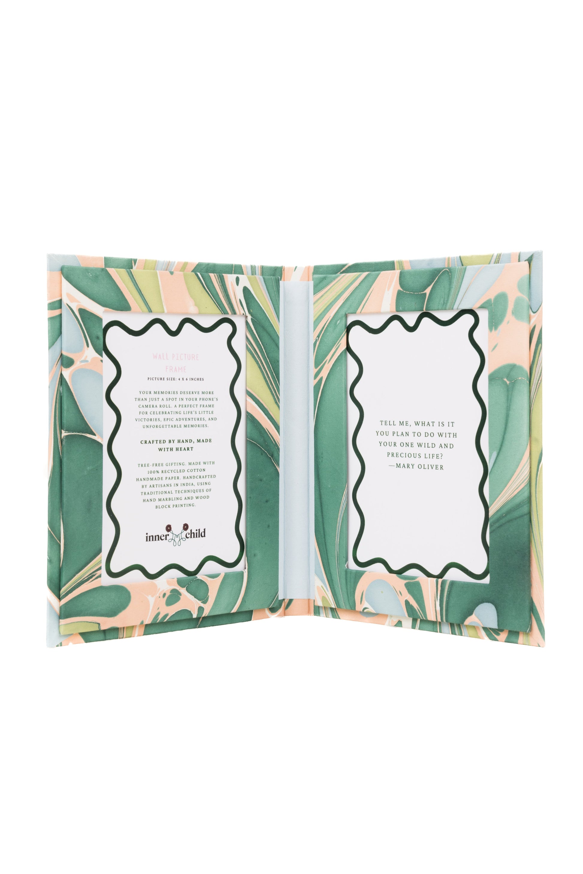 Green and pink hand marbled 4x6 picture frame folding book by Inner Child