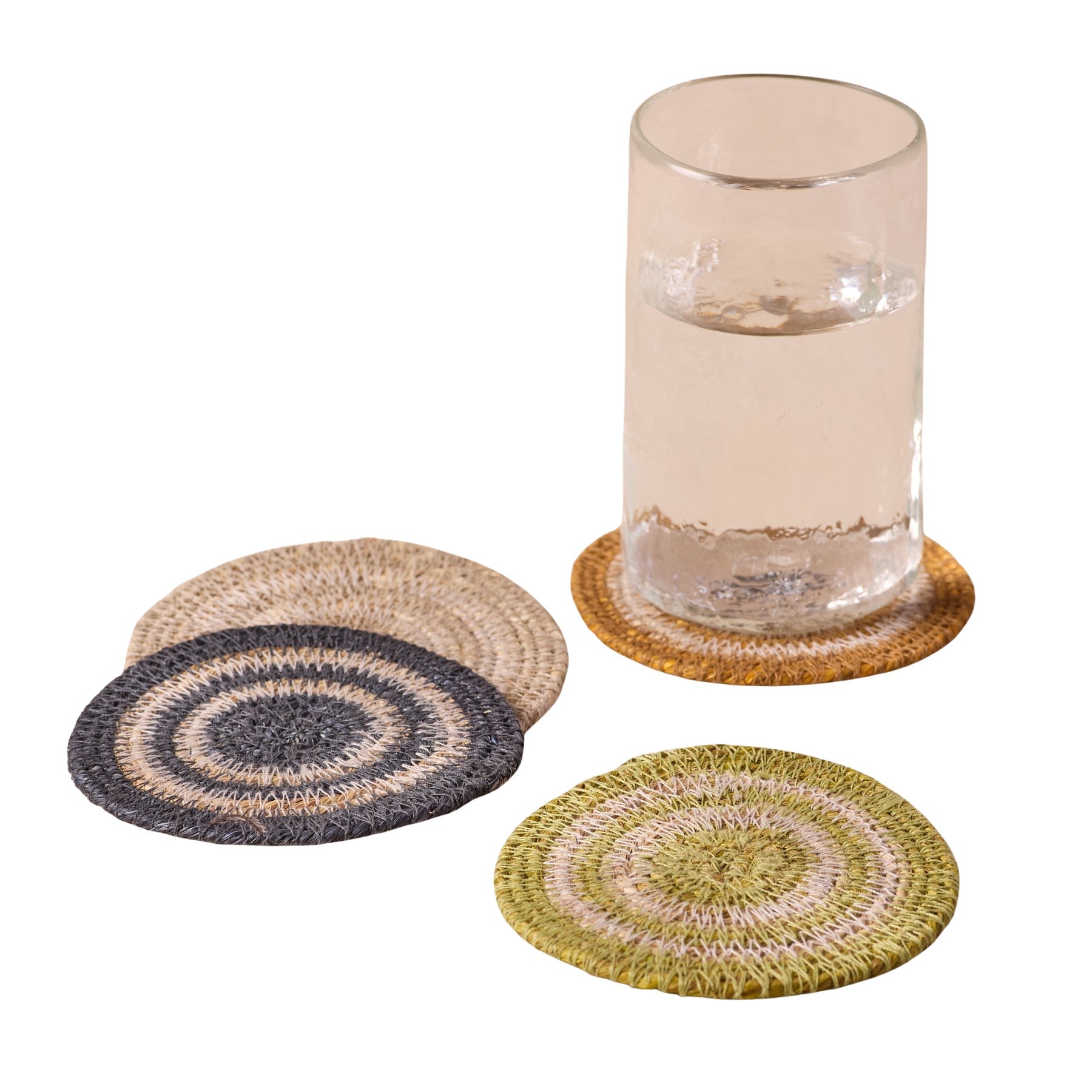 Hydra Woven Seagrass Coaster, Set of 4 (Chartreuse , Navy, Marigold, Grey)