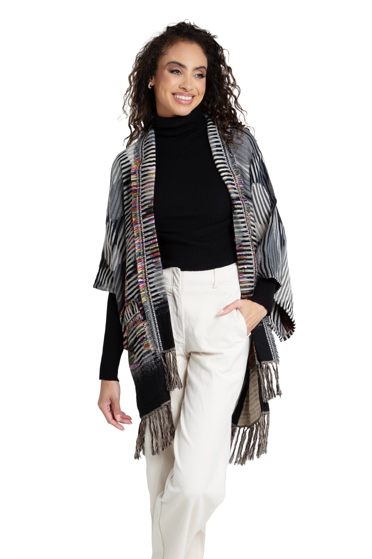 Cotton Fringe Embellished Kimono Jacket - Black