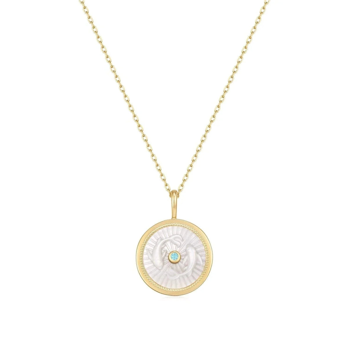 Gold Necklace with Pisces Zodiac Pendant and Mother of Pearl Detail