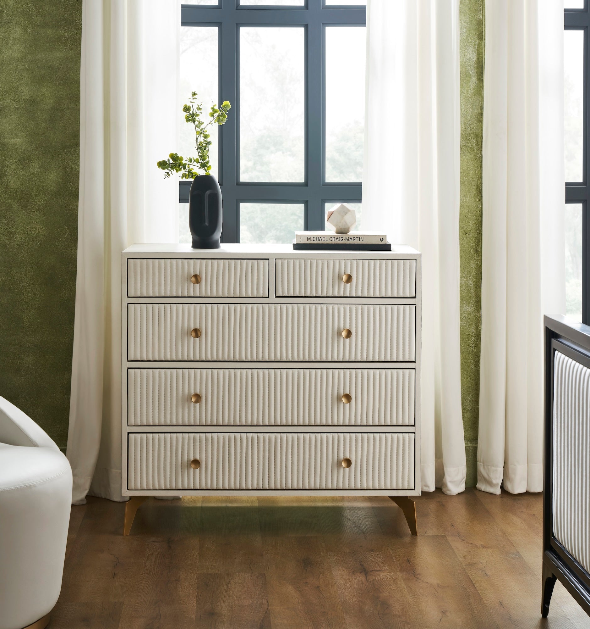FN-5216-482036_6|Stylish white ribbed leather dresser, a modern and luxurious piece of bedroom furniture providing elegant functional storage.
