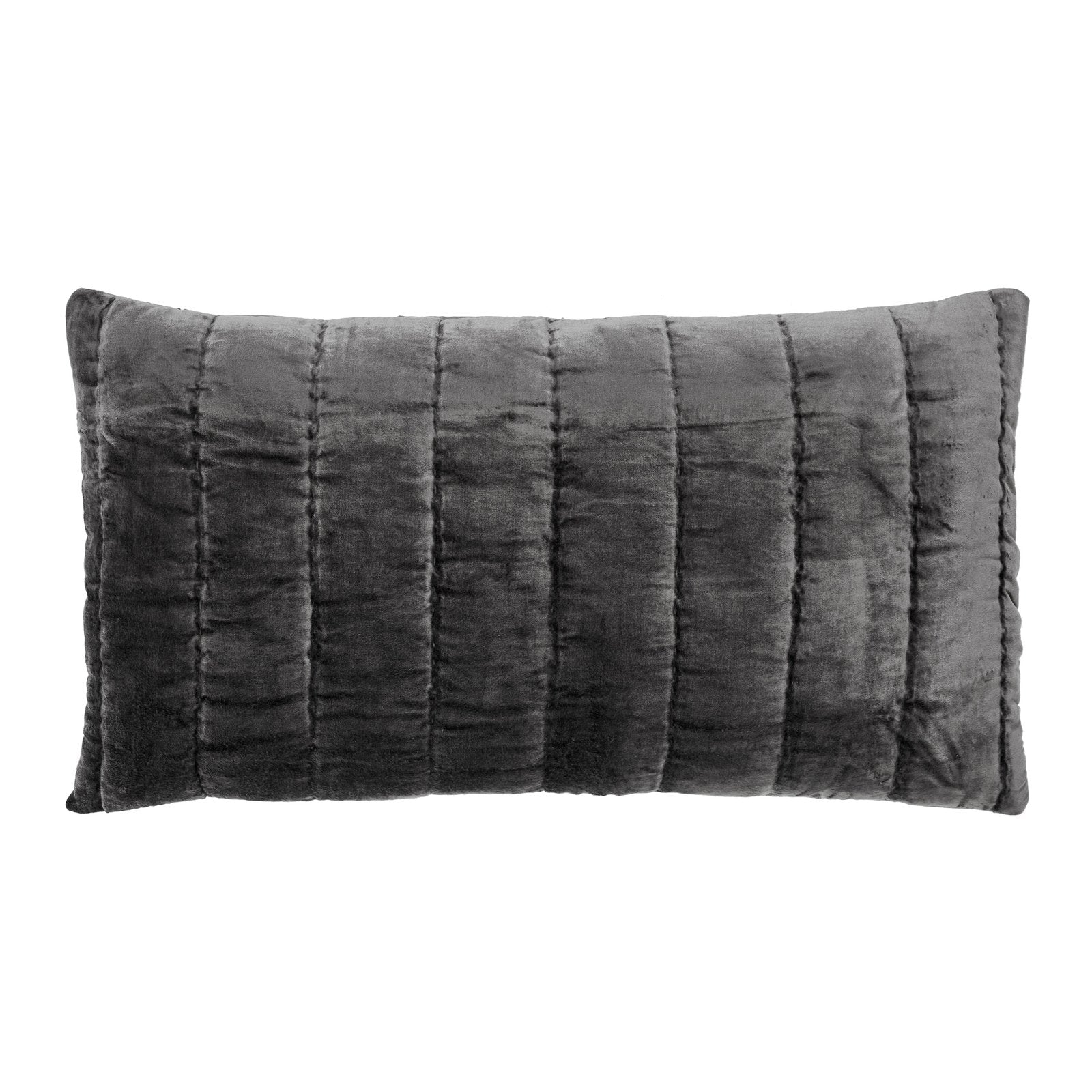 KS-338-2036-LOT1_1|Sleek dark grey velvet quilt featuring a contemporary vertical channel stitch pattern, ideal for modern bedroom decor.