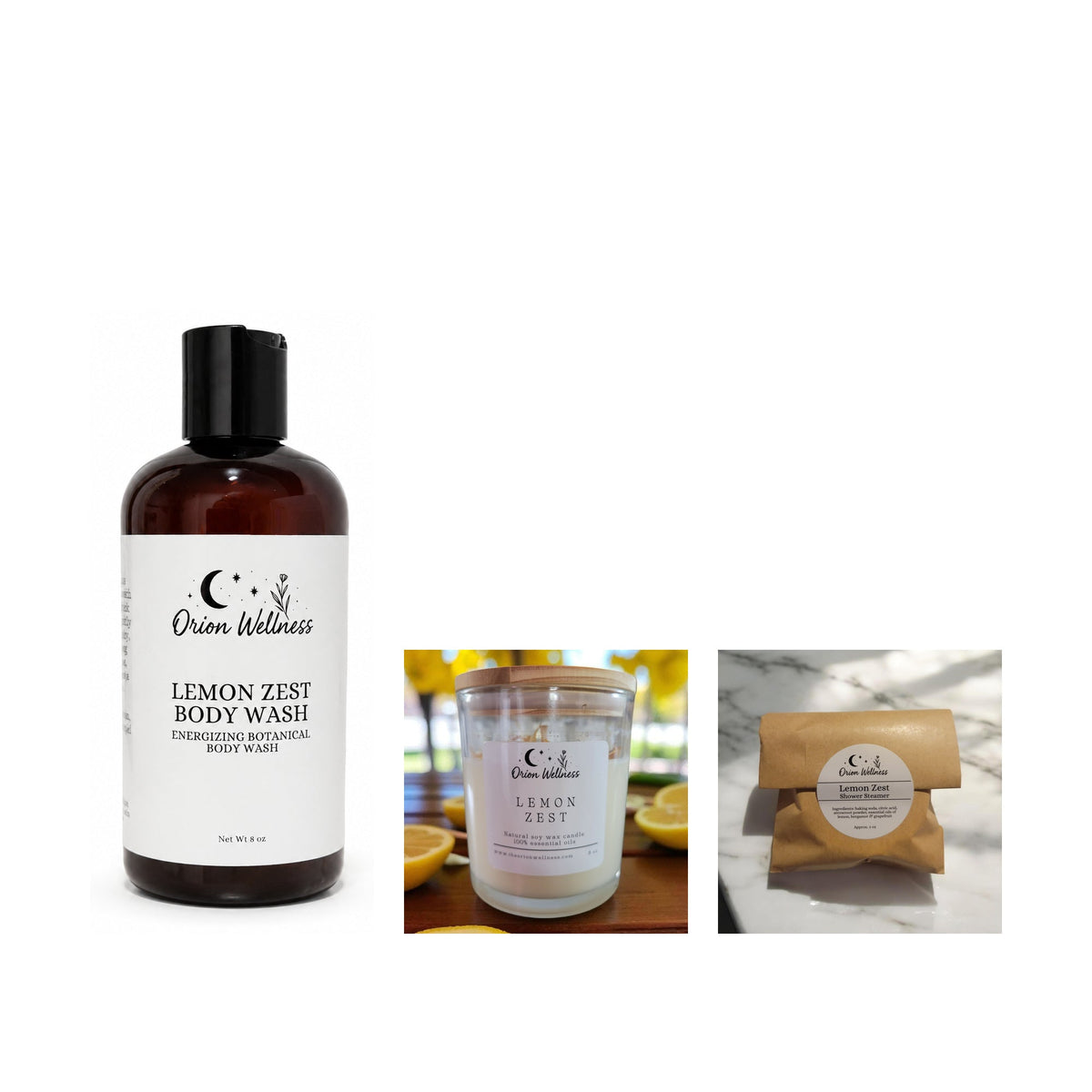 Lemon Zest Shower Ritual bundle by Orion Wellness on white