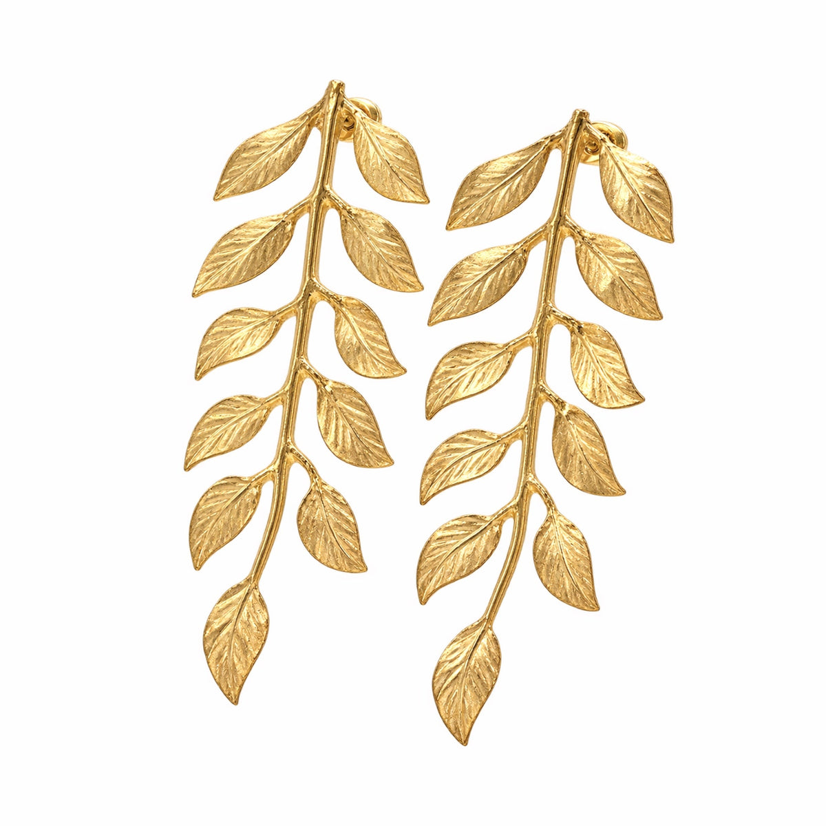 Handmade artisanal gold plated vine leaf earrings facing left on white background by Bebek jewels