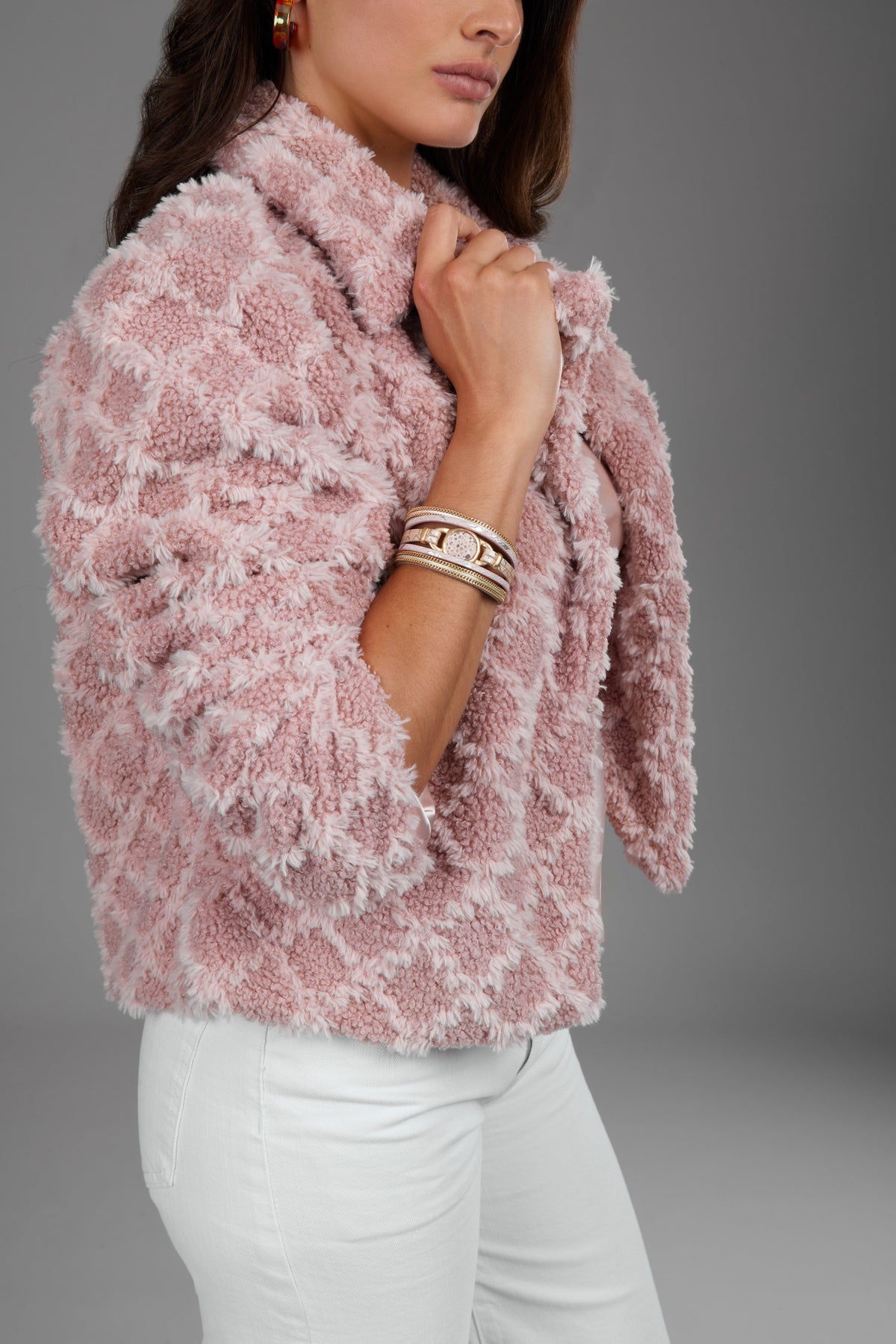 Diamond Patterned Collared Short Jacket - Blush