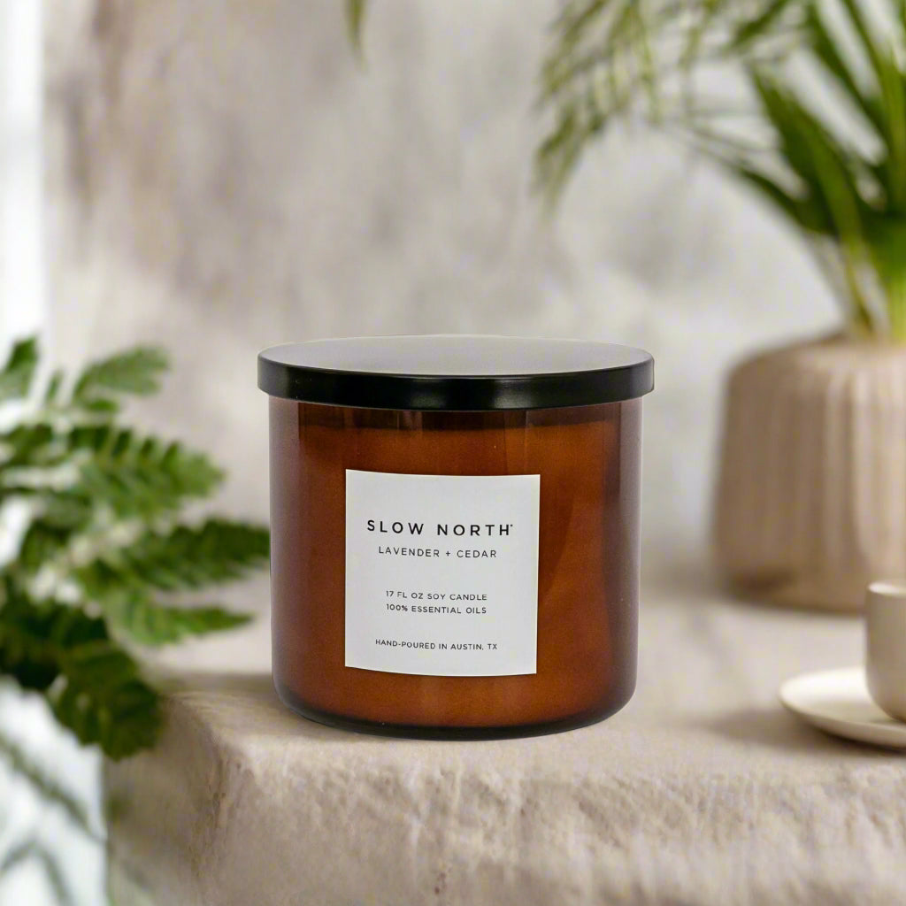 Large Relaxing Scented Candle made with Essential Oils sitting on a dresser