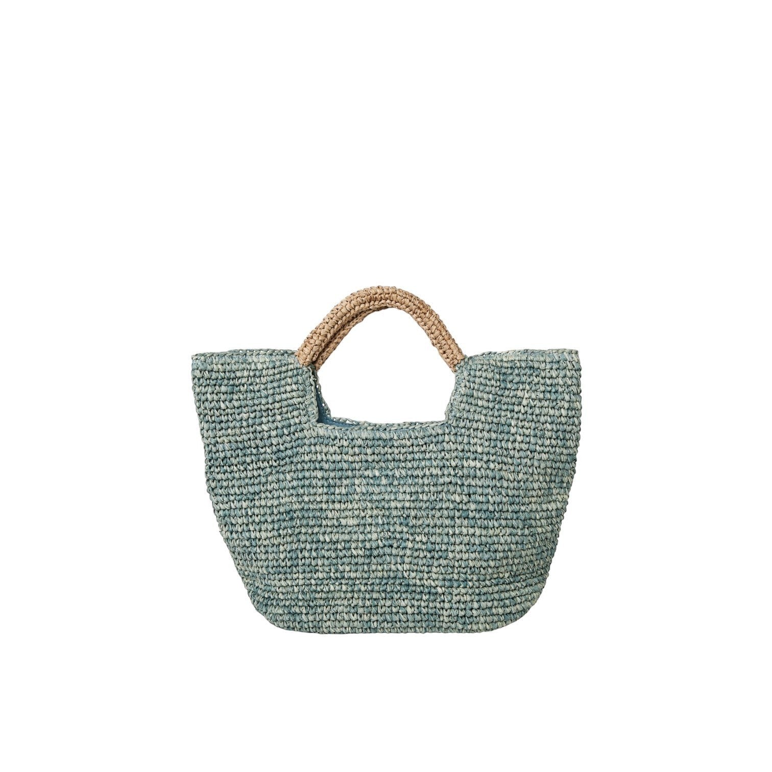 Shop Sarah Stewart The Opal blue raffia tote bag with cotton lining and snap closure