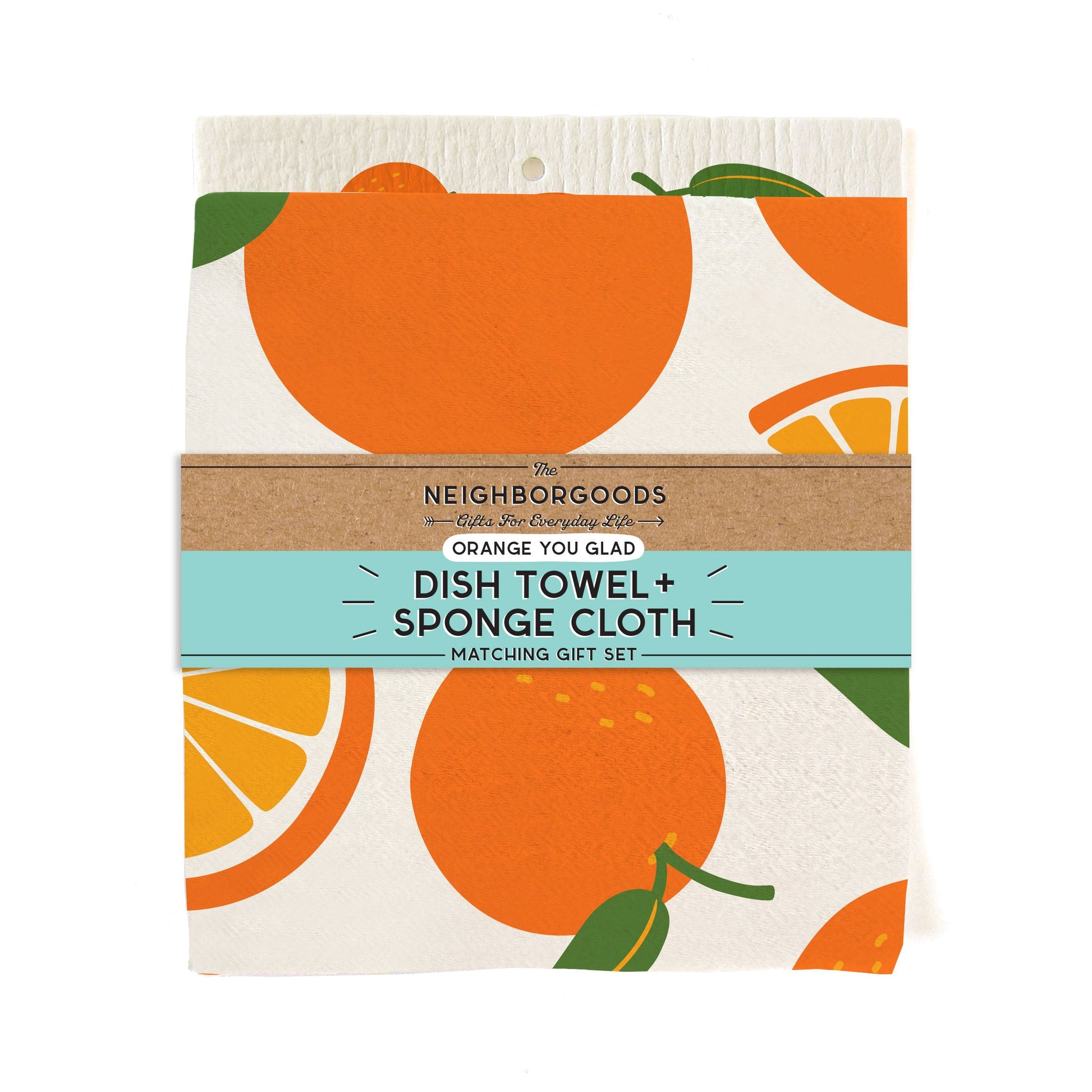 Cotton dish towel with oranges design, featuring the phrase "Orange you glad"