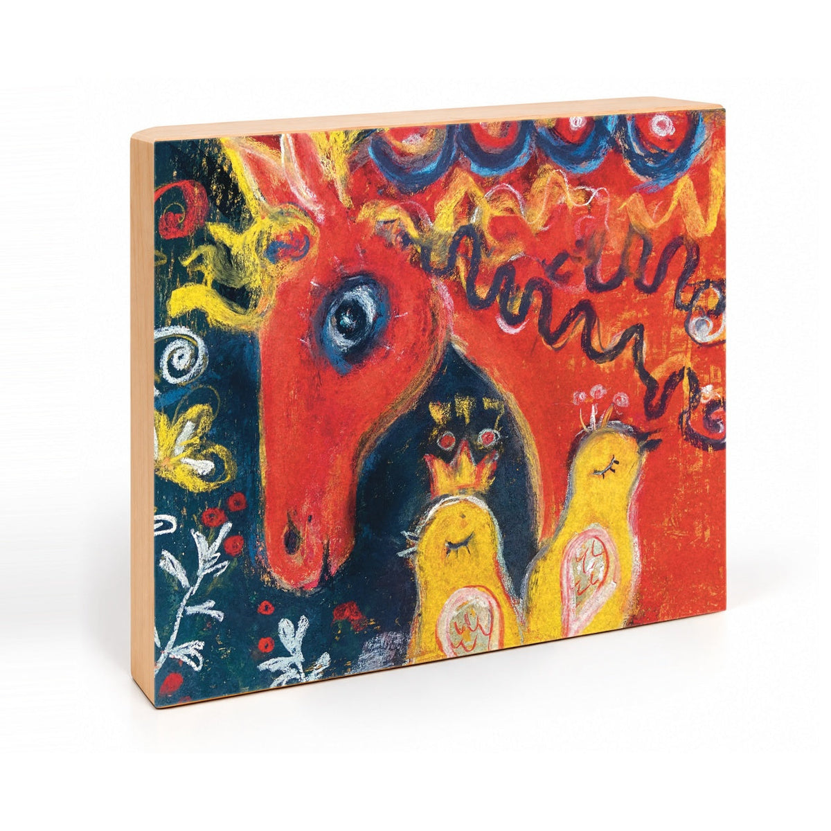 Horse and birds folk art print, angled view showing natural wood side