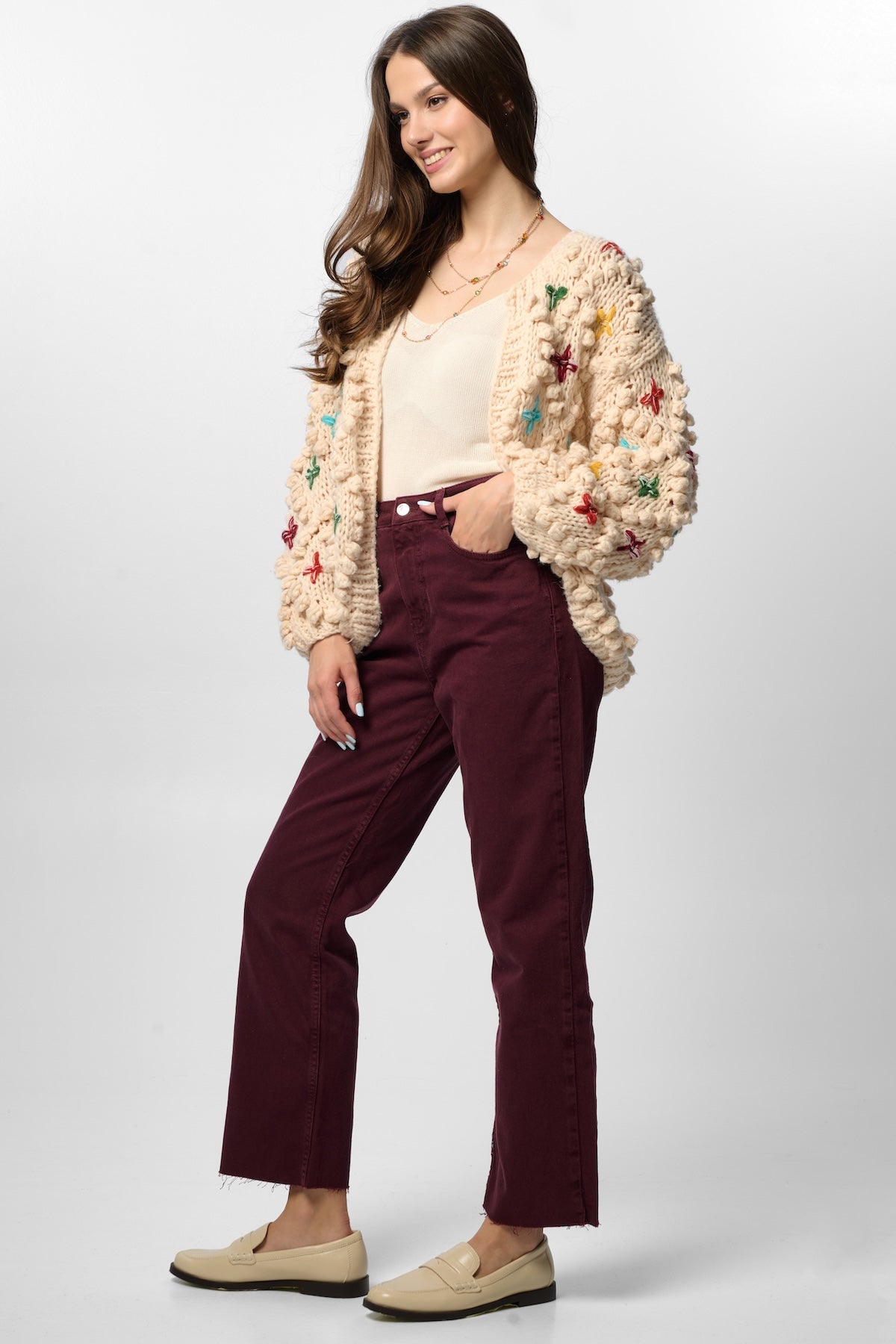 Knitted Cardigan Cross Pom Pom - Ivory
