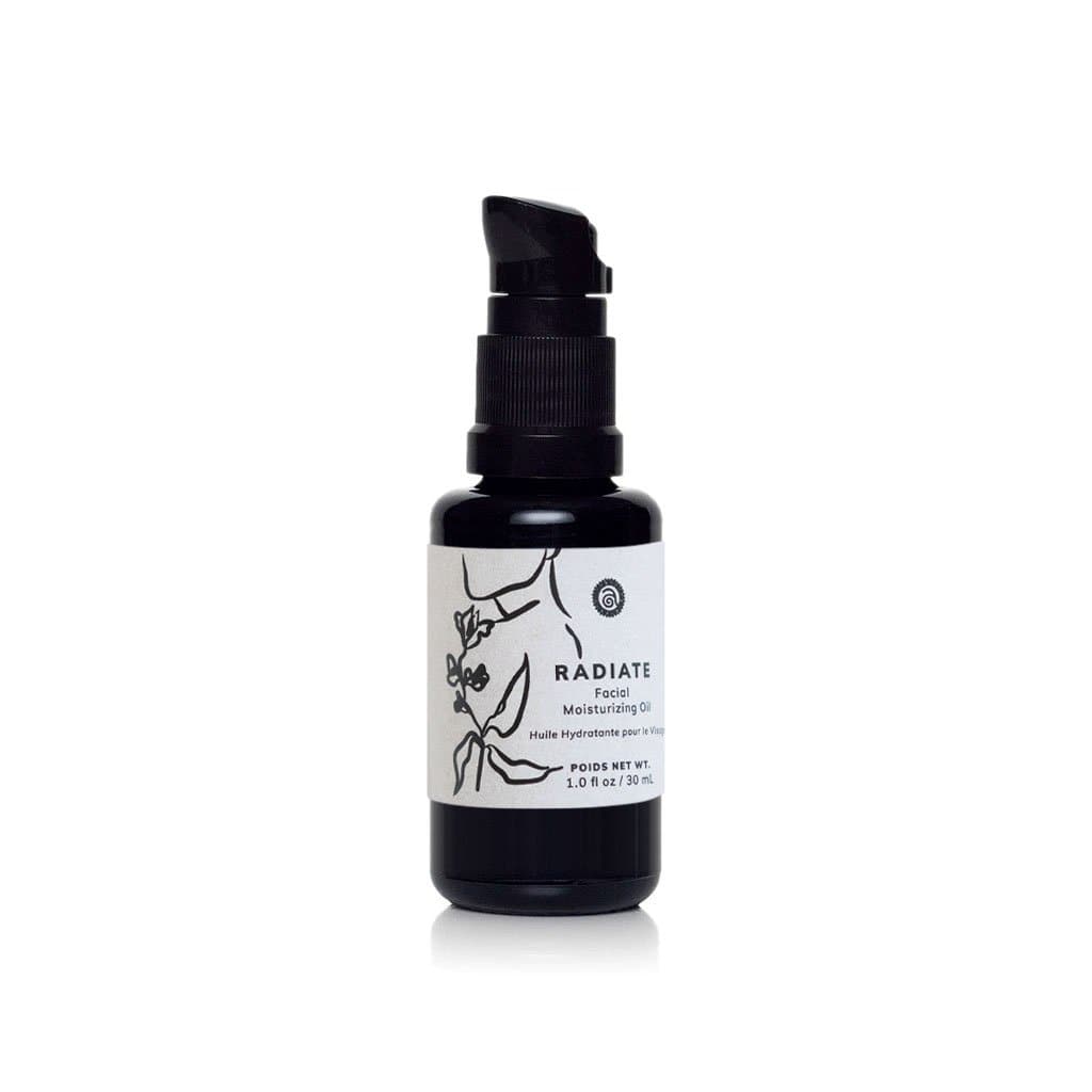 Radiate Facial Moisturizing Oil in a dark glass pump bottle with a minimalist botanical label on a clean white background