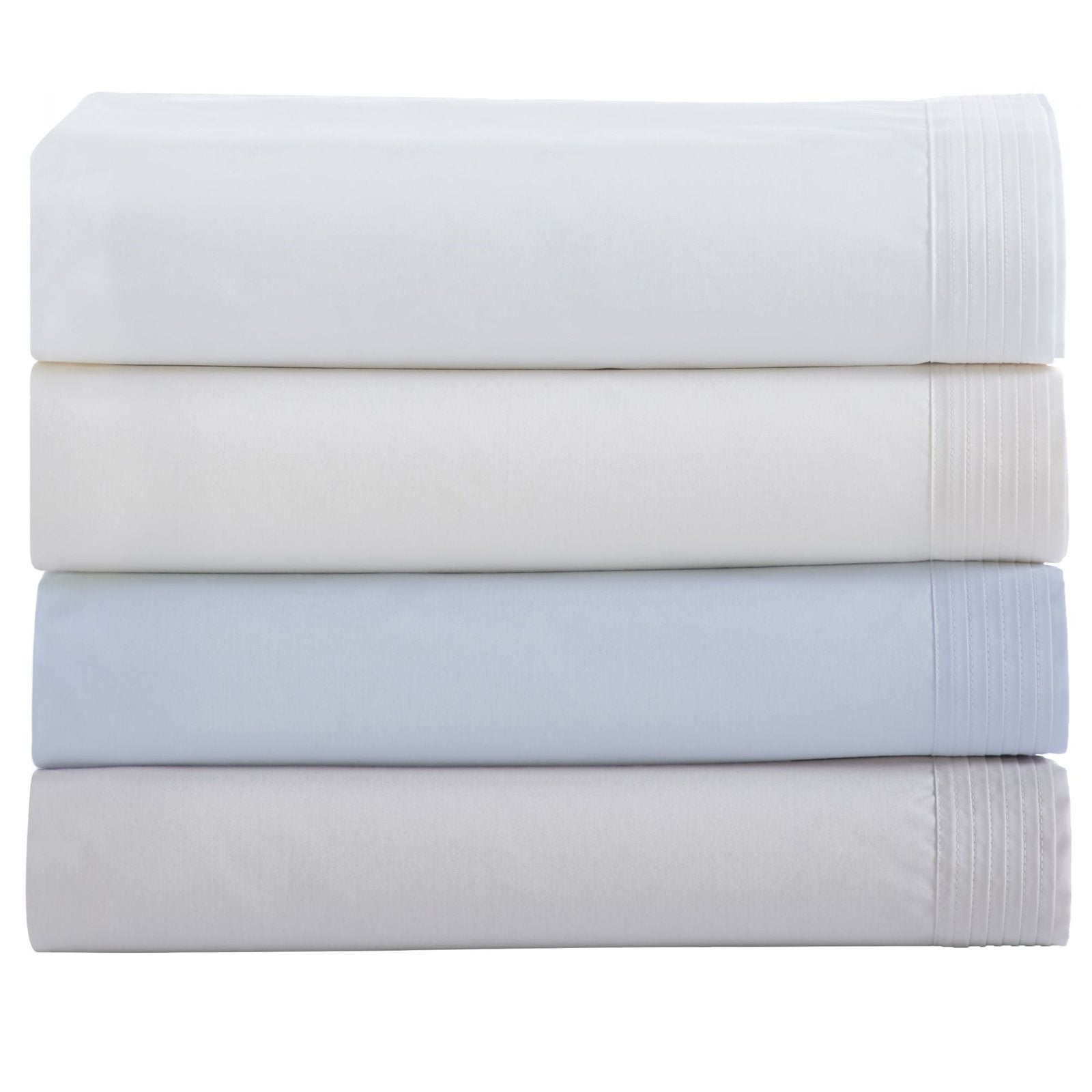 KSS-521-7880_6|Assorted stack of soft pastel 100% cotton sheets (white, cream, blue) with neat pleated hems, comfortable.