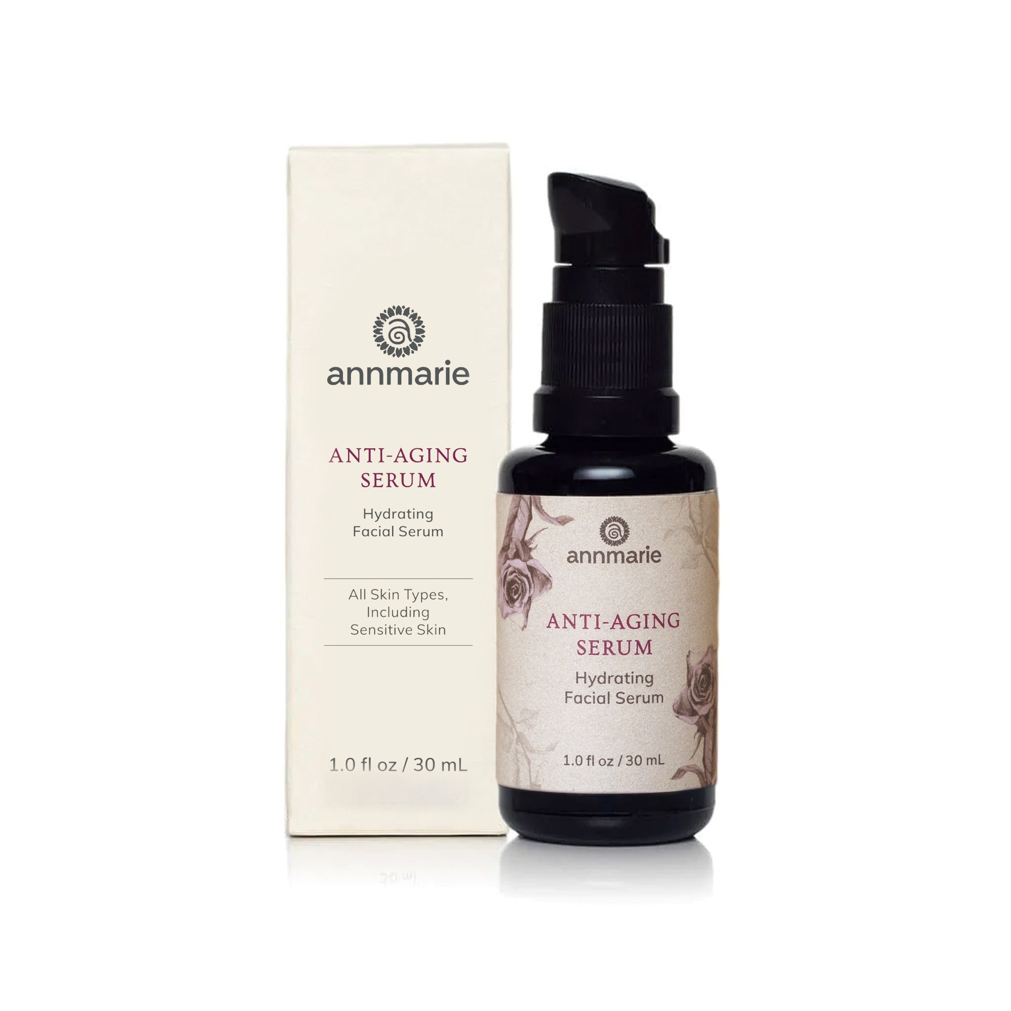 Annmarie Skin Care Anti-Aging Serum hydrating facial serum bottle and box packaging, suitable for all skin types.
