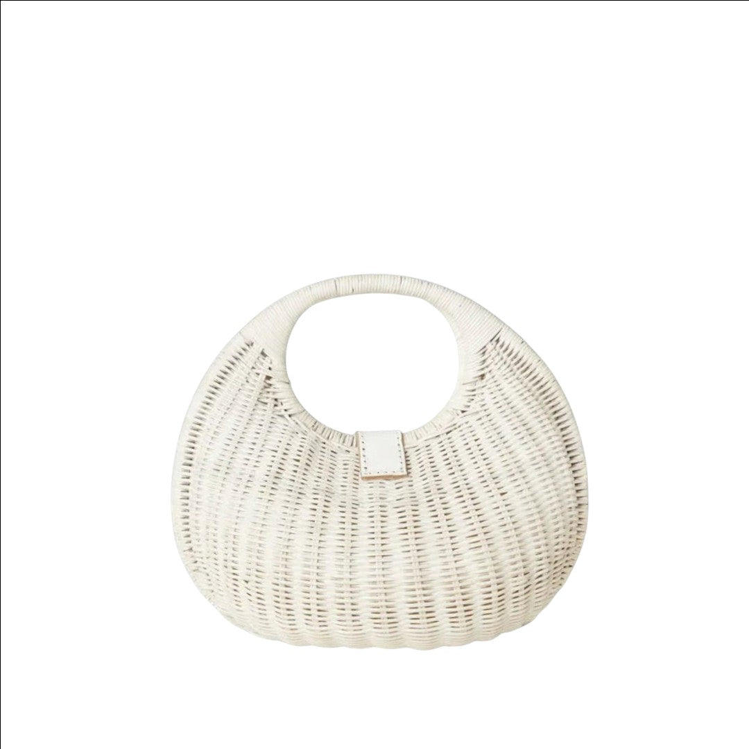 Shop Sarah Stewart Matilda white wicker handbag with leather detail and cotton lining.