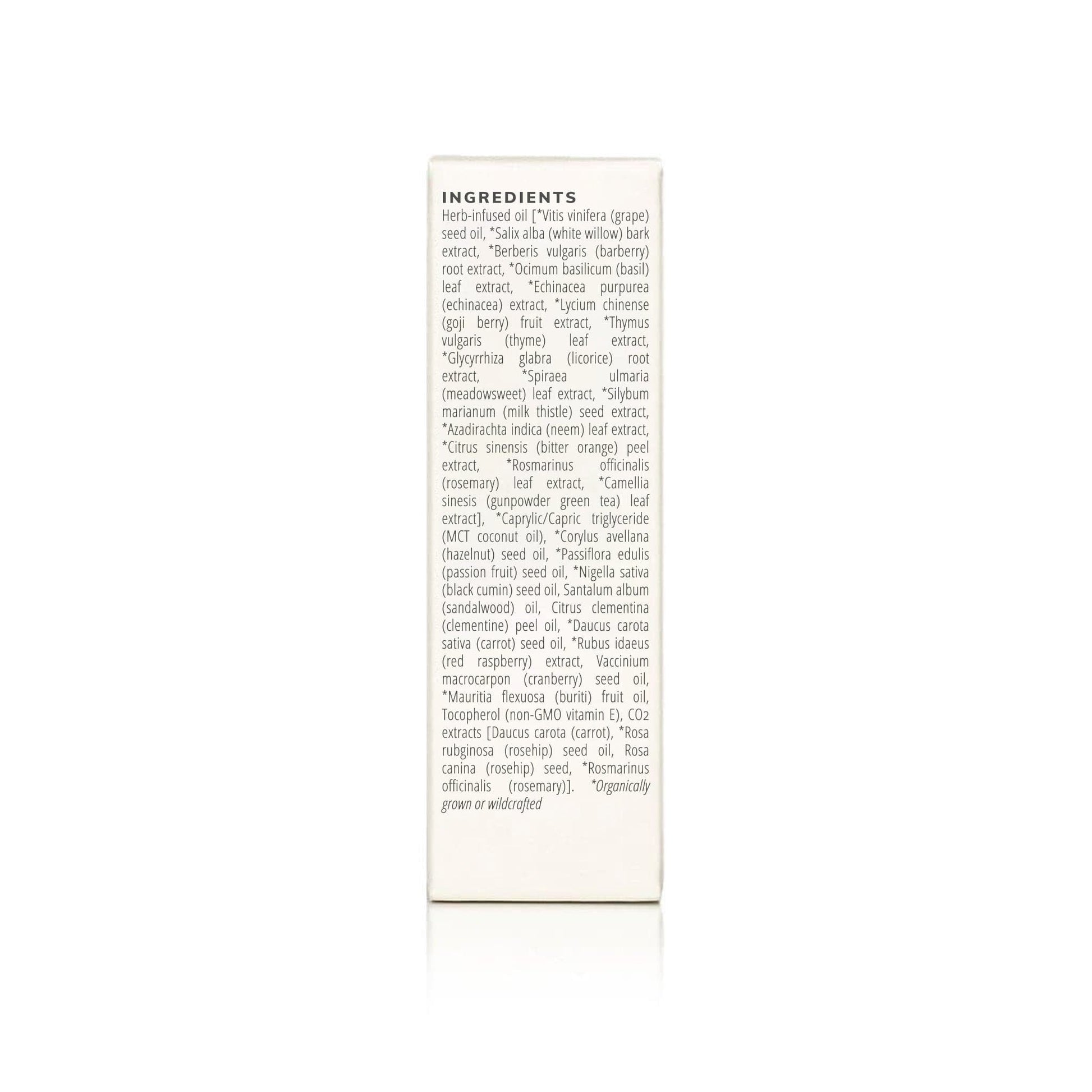 Herbal Facial Oil for oily skin ingredient list panel with herb-infused oils and botanical extracts.