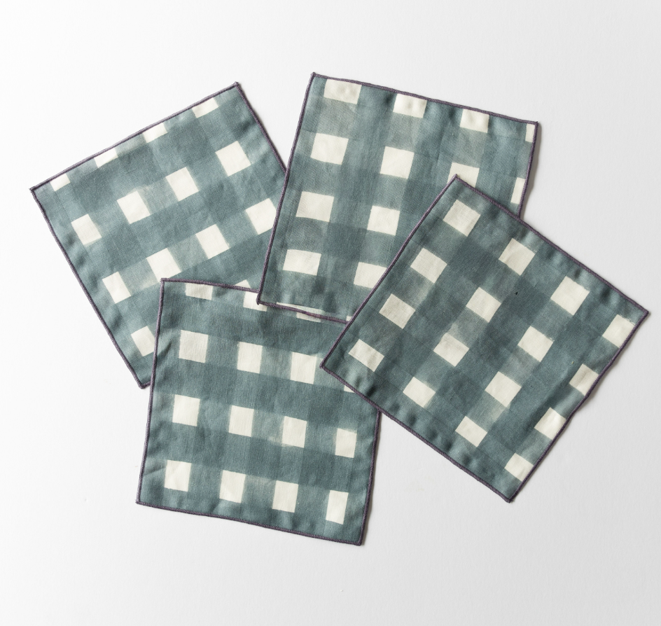 Blue Cross-Hatch linen cocktail napkins styled at drinks party - Goldie Home