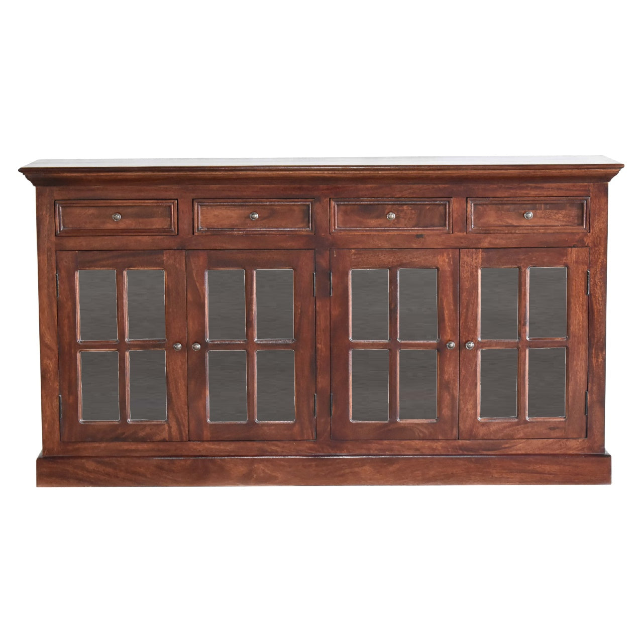 Solid Wood Large Cherry Glazed Sideboard, 4-Drawers, 4 Shelves with 2 Doors, Chestnut Finish, Brown