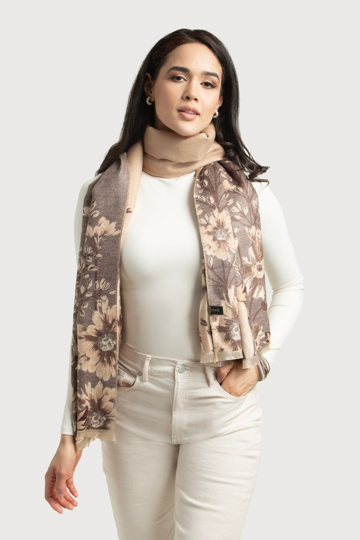 Reversible Floral Oversized Scarf - Antique White